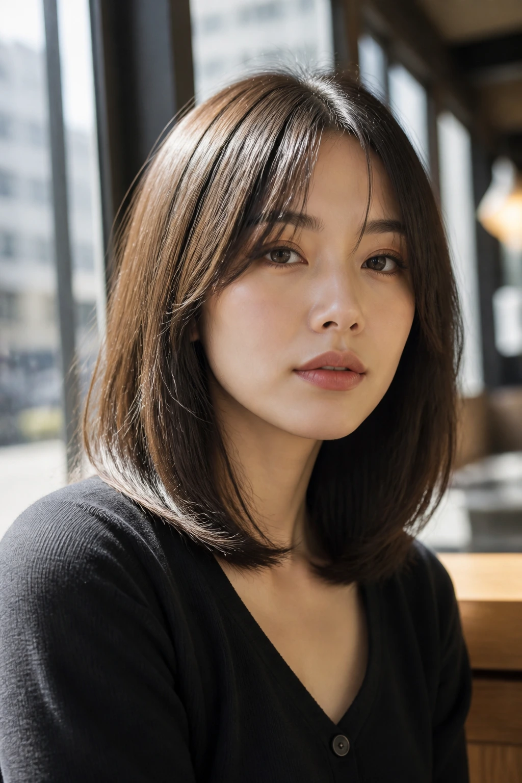 Close-up of a real woman with Sleek Center-Part Lob and Split Bangs in cafe light