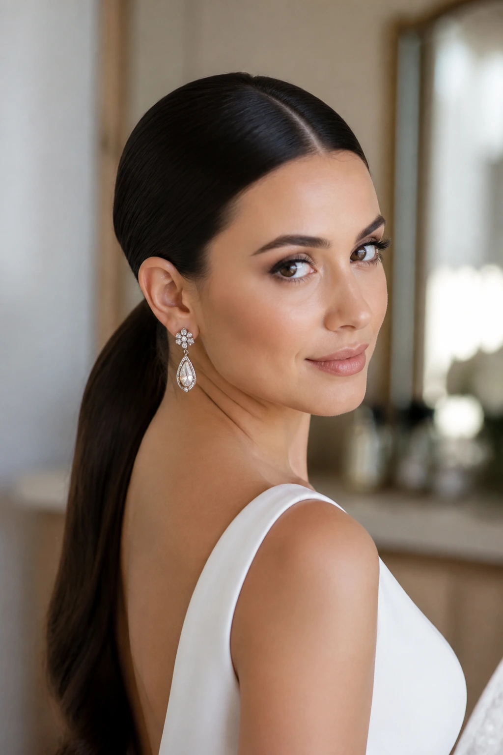 Bride with sleek center-part ponytail in bridal suite lighting