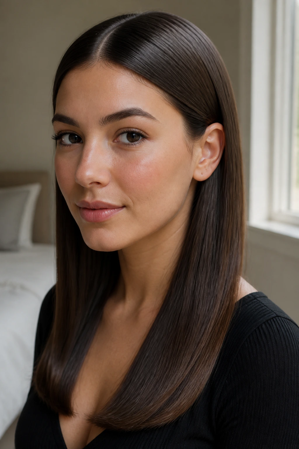 Close-up portrait of a real woman with sleek center-part straight hair and glossy finish.