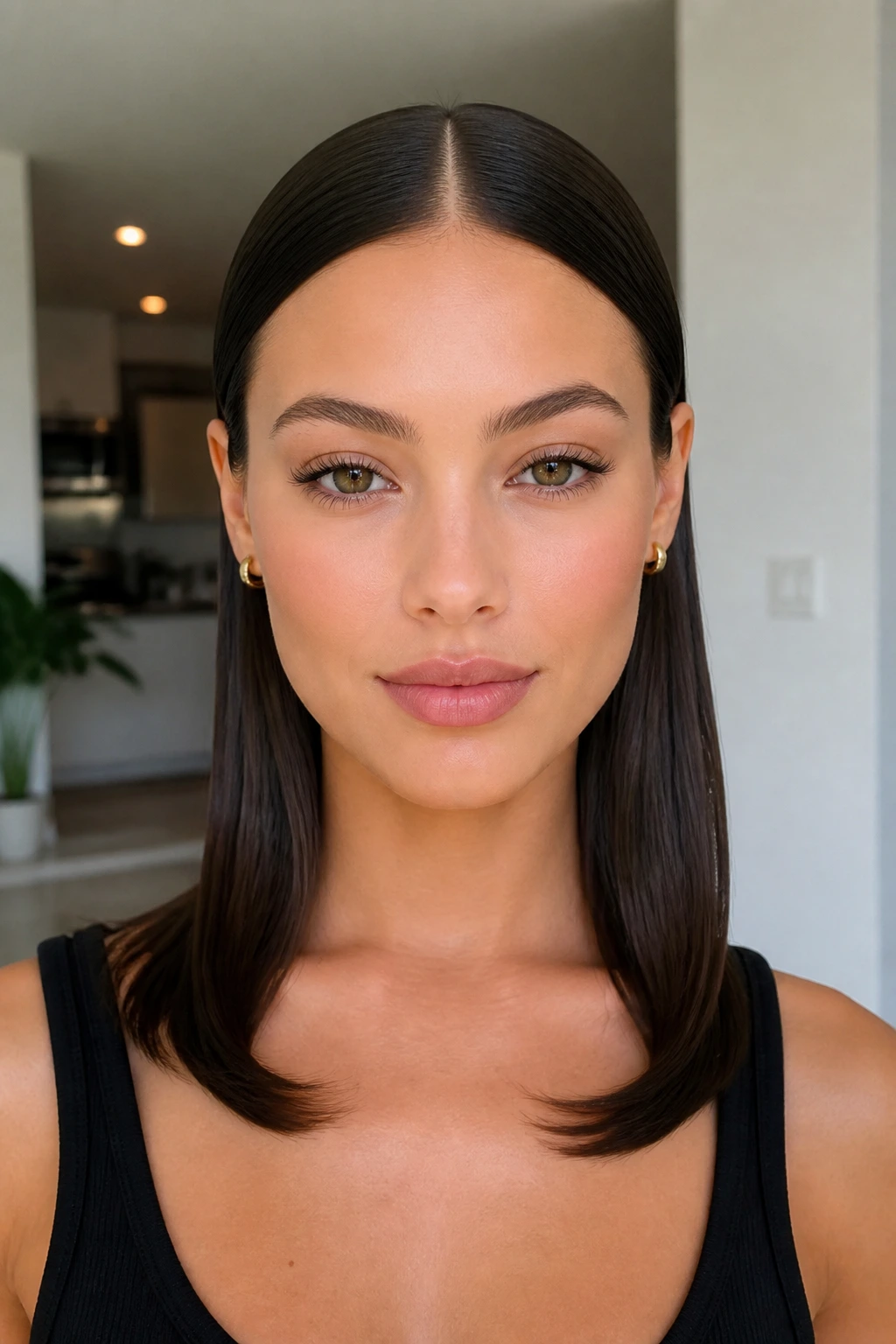 Front-facing portrait of a real woman with sleek center part and tucked ends