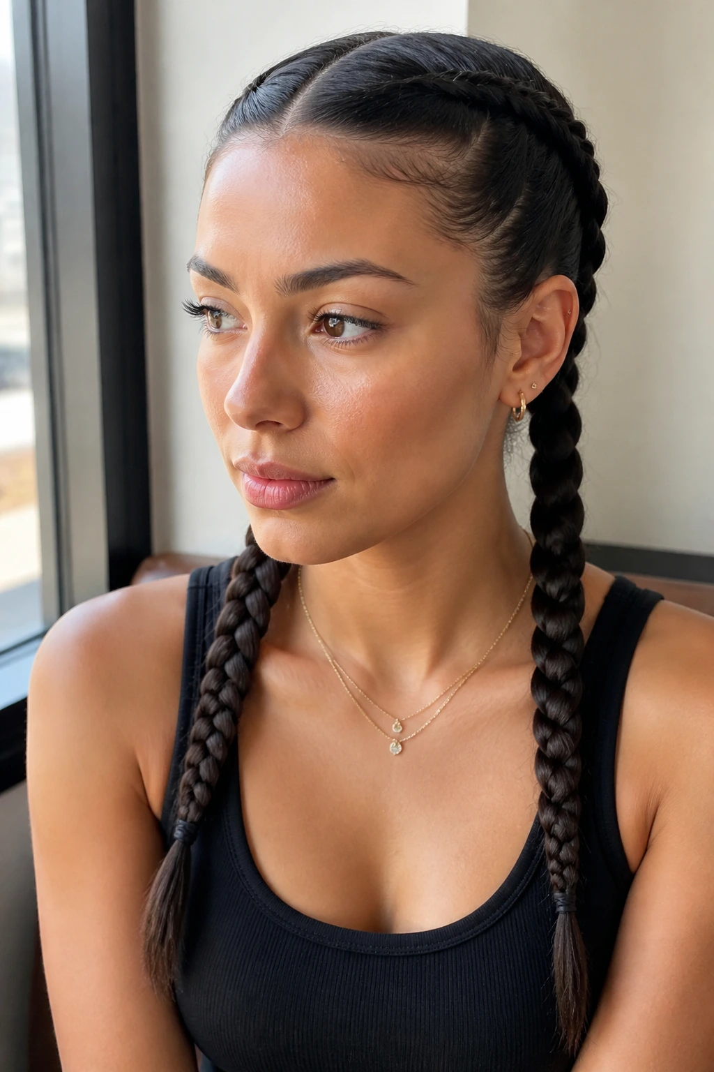 Portrait of a woman with sleek center-part twin braids