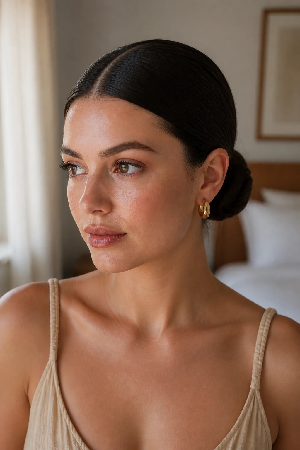Portrait of a real woman with a sleek center-part and low bun