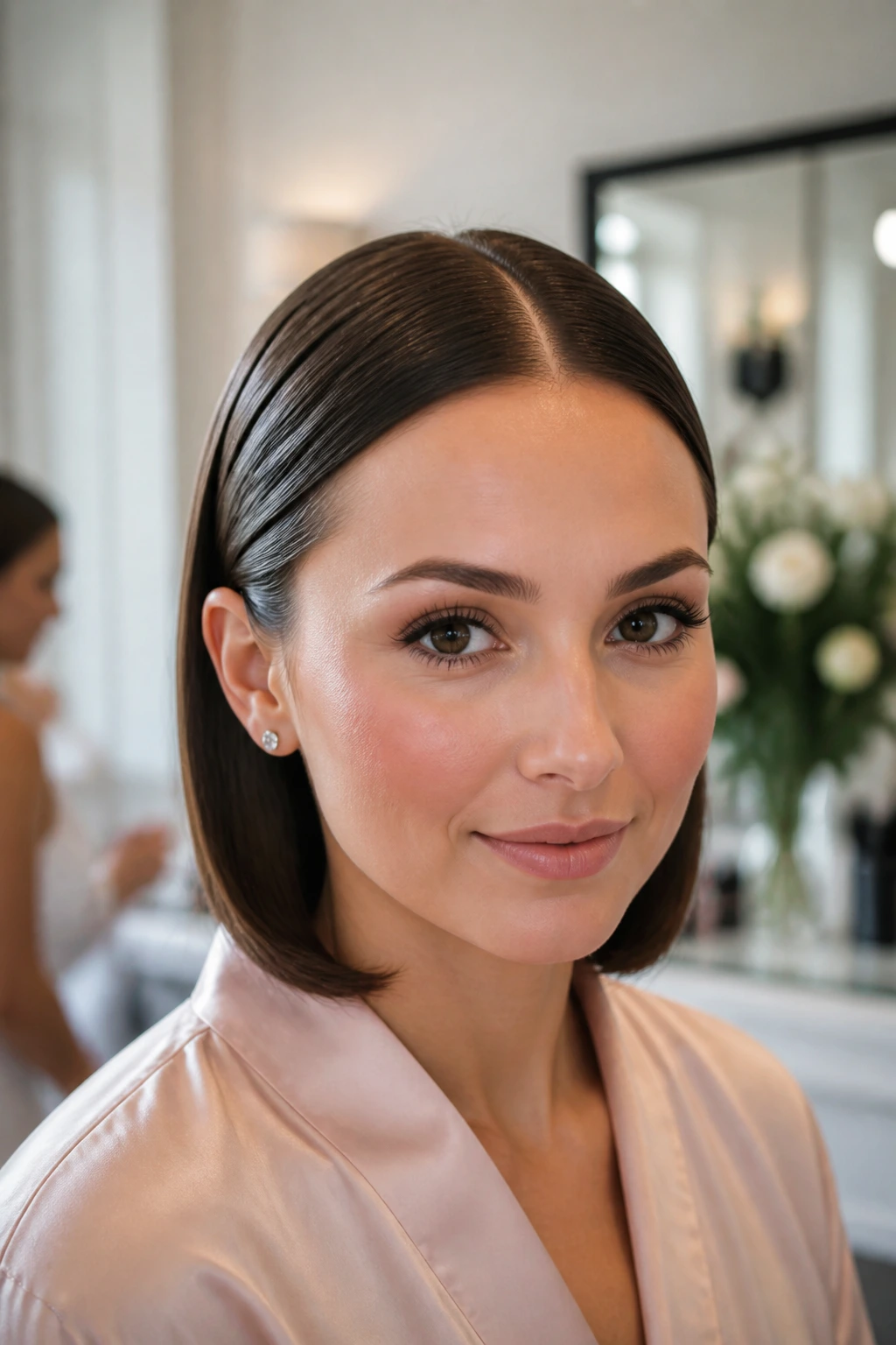 Close-up of a real woman with a sleek center-part and tucked ends hairstyle.