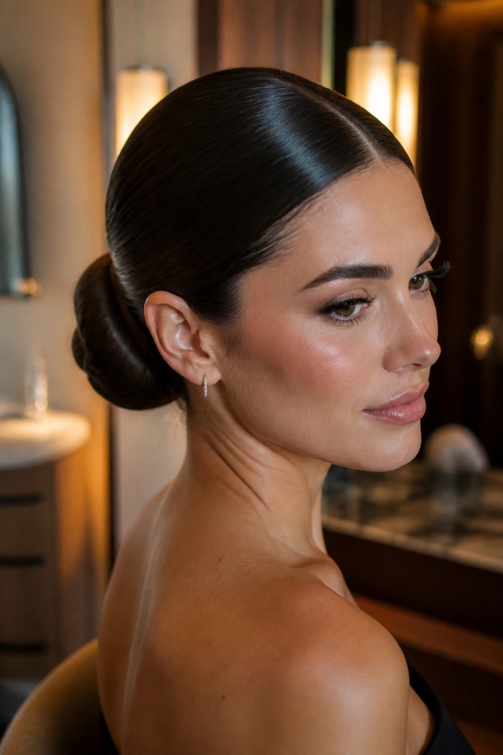 Close-up of a woman with a sleek low chignon at the nape.