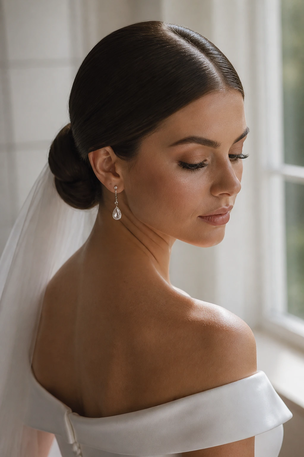 Close-up portrait of bride with sleek low chignon and center part