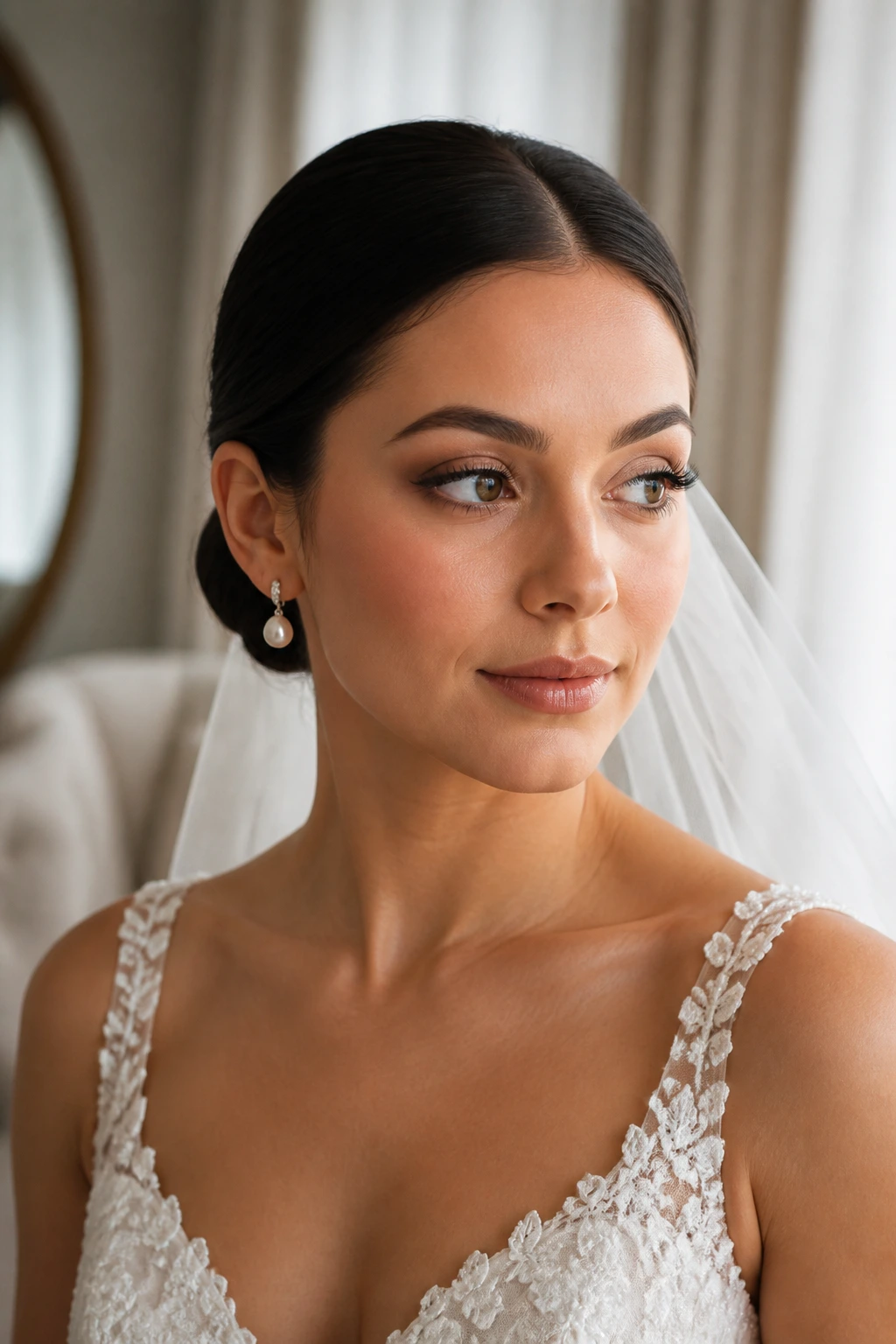 Bride with sleek low chignon and center part in bridal suite