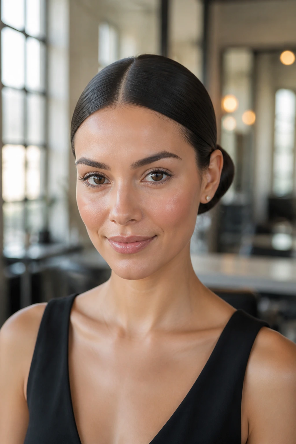 Close-up portrait of a woman with a sleek center-part chignon.