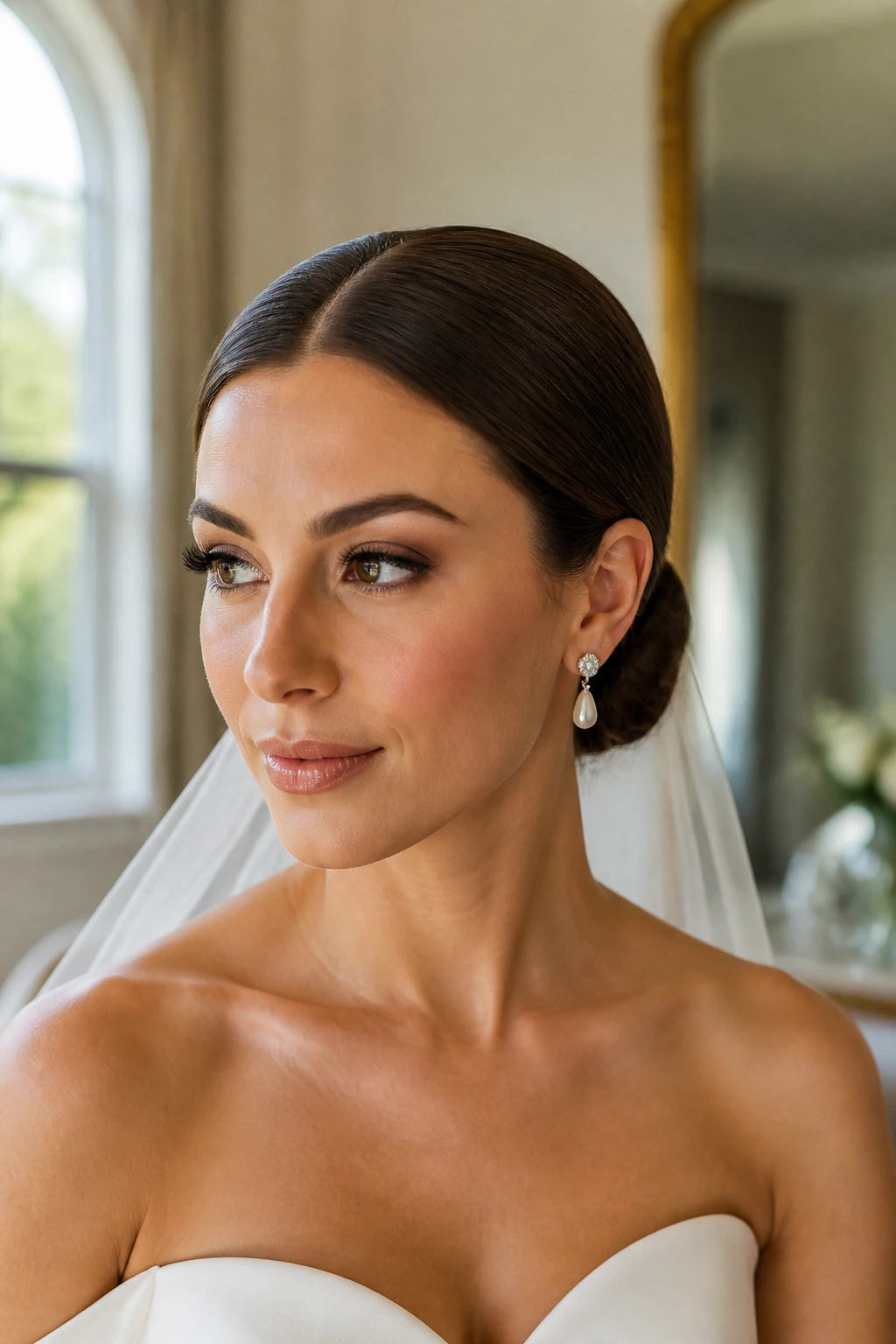 Bride with sleek low chignon and center part, close-up