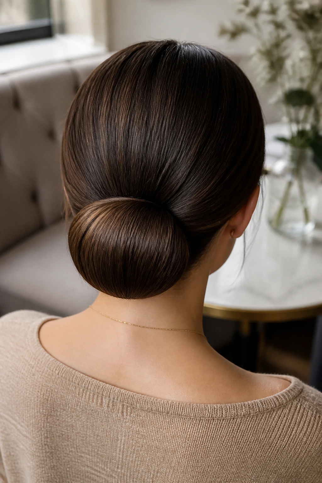 Back view of a real woman with a sleek chignon and hidden cushion