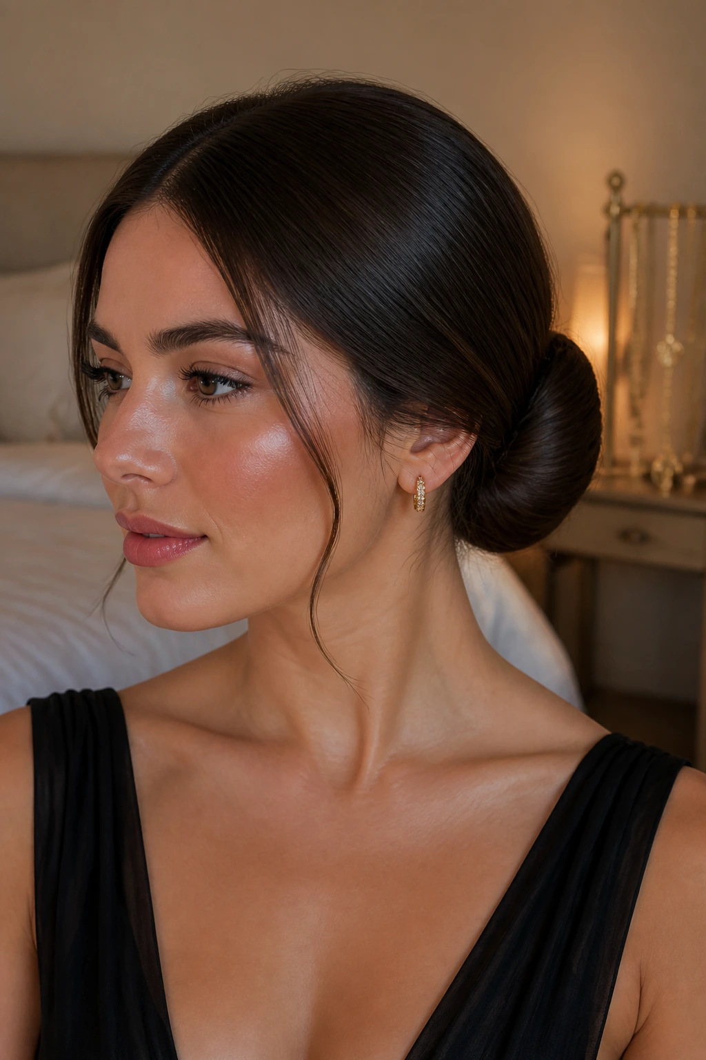 Close-up of a real woman with a sleek low chignon at the nape