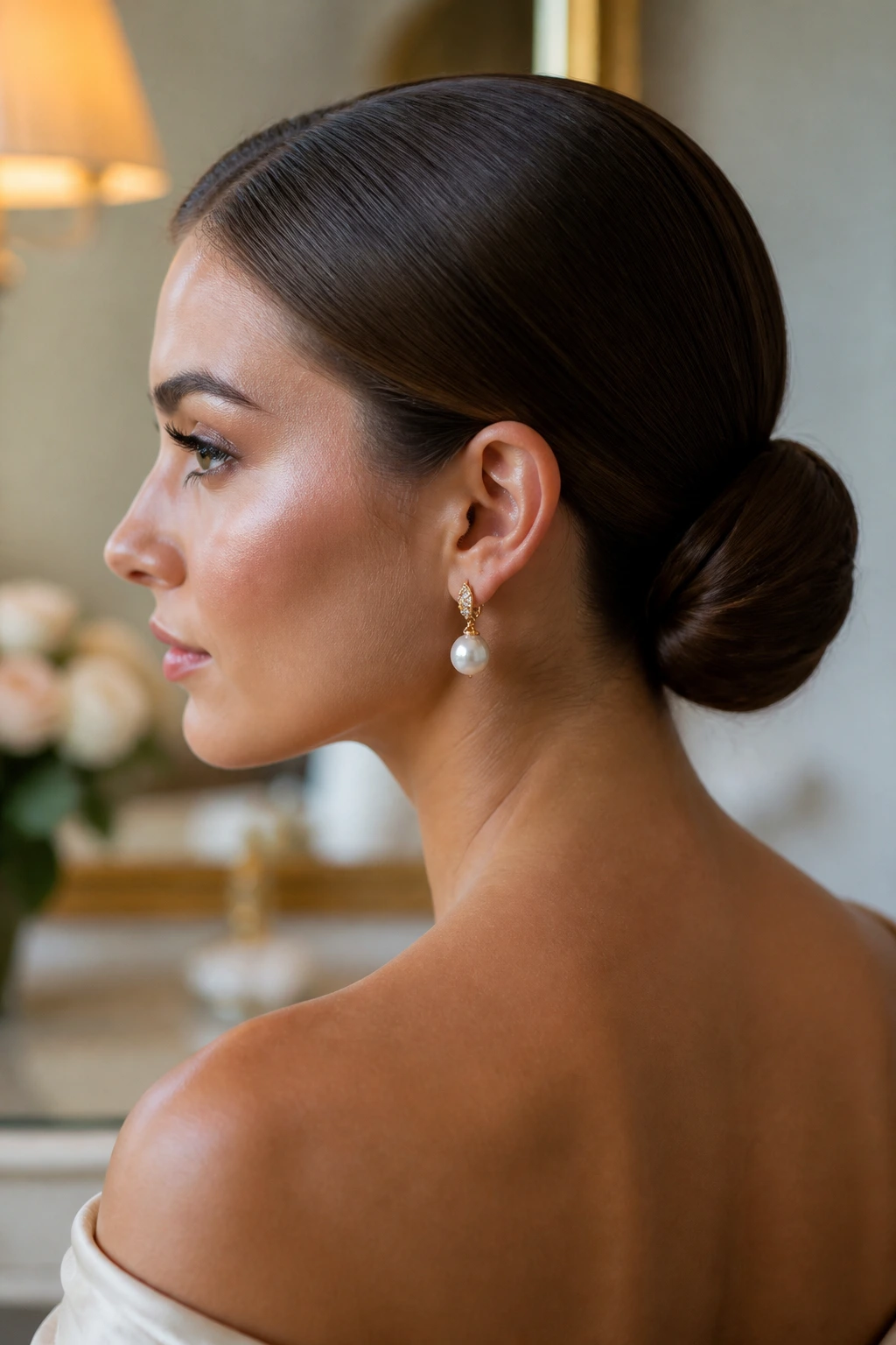 Close-up of a real woman with a sleek low chignon at the nape