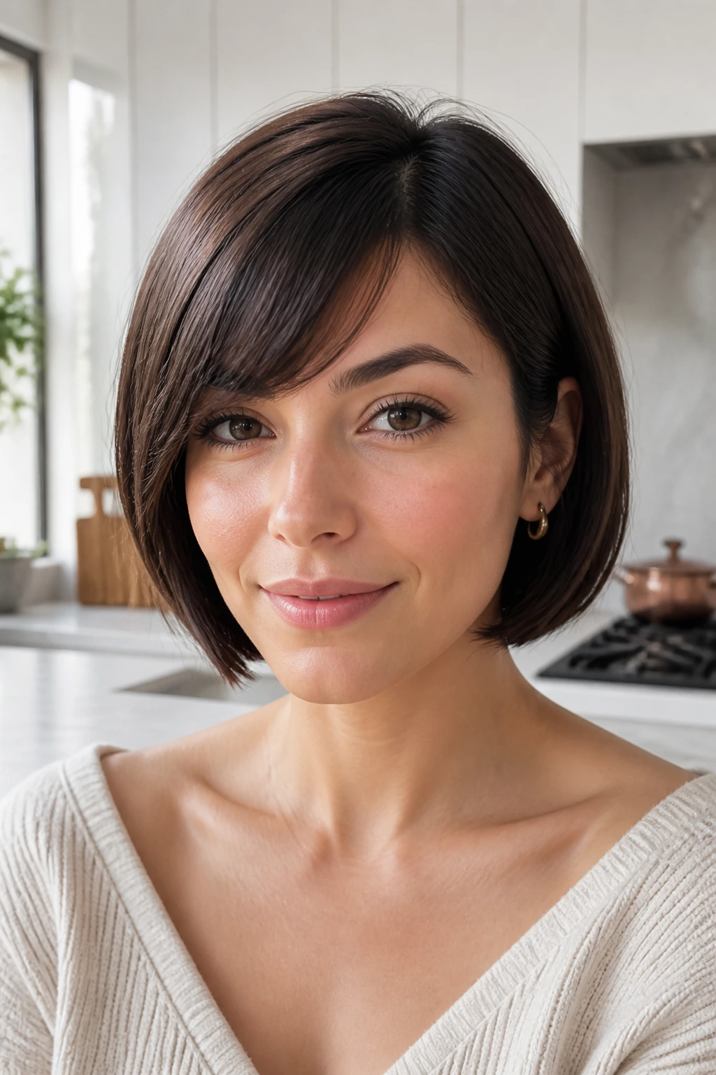 Woman with sleek chin bob and side-swept bangs in a bright kitchen