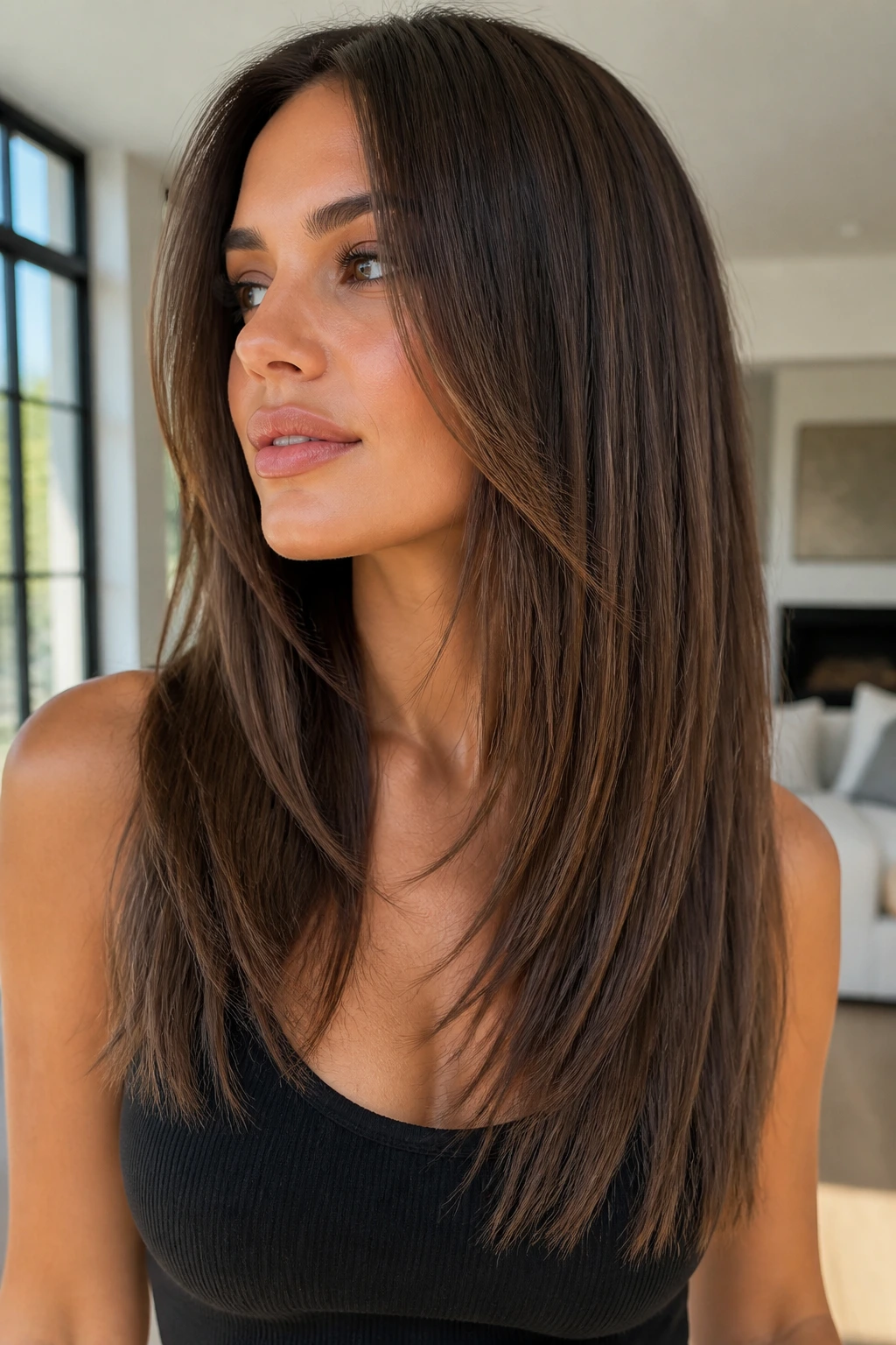 Real woman with sleek choppy layers and clean edge hair.