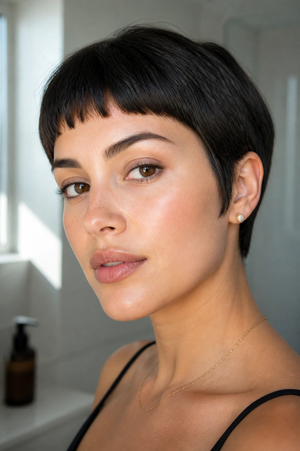 Close-up portrait of a real woman with a sleek crop and baby bangs in natural light