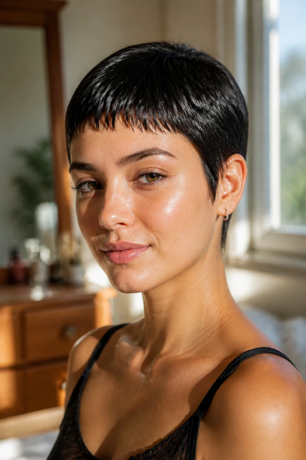Close-up portrait of a real woman with a sleek crop and baby bangs in natural window light