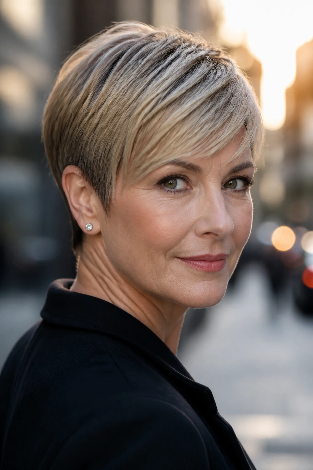 Sleek crop with side bangs hairstyle on real woman