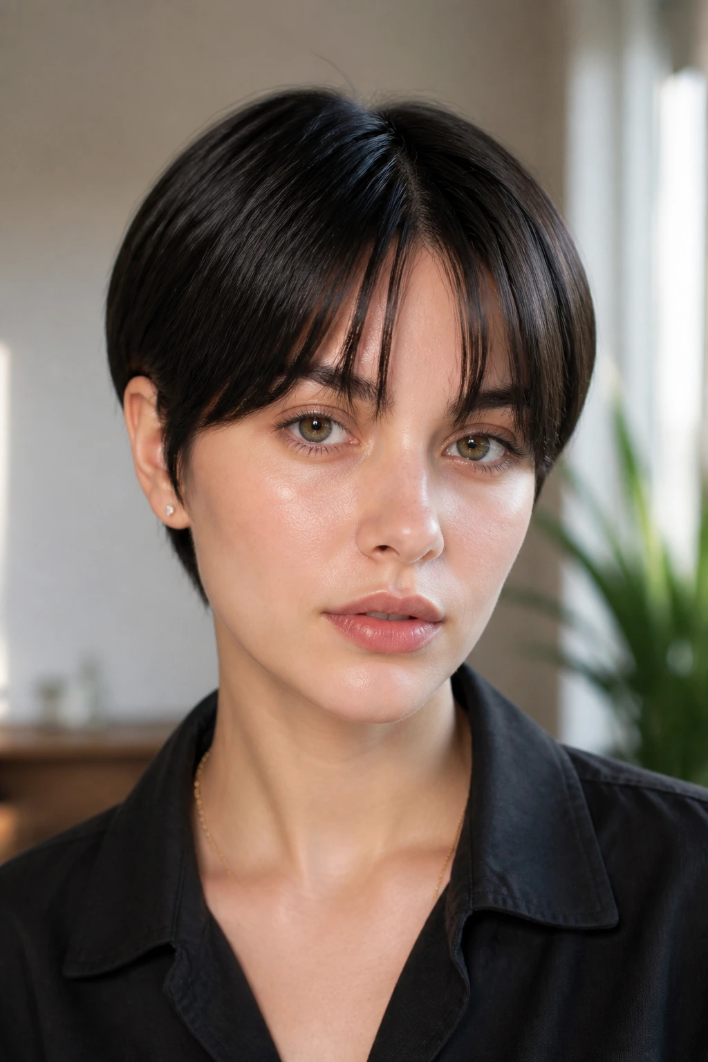 Portrait of a real woman with sleek crop and center split fringe in a modern interior.