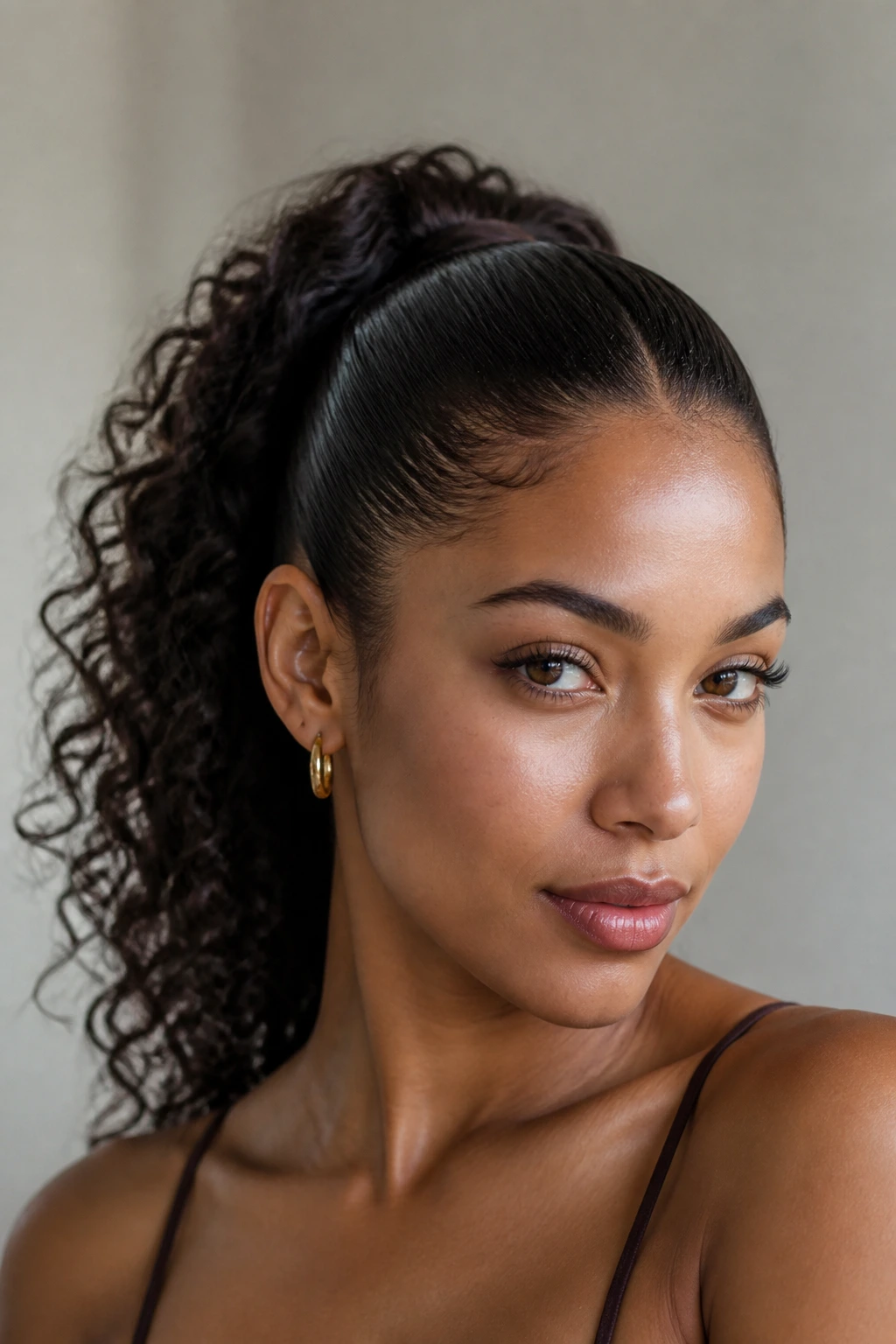 Close-up portrait of a real woman with a sleek crown and curly length high ponytail