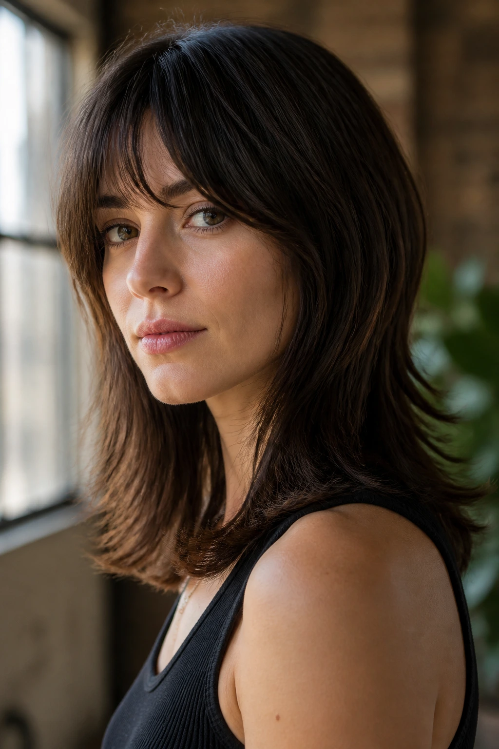 Portrait of a real person with sleek crown shag showing smooth crown and textured ends