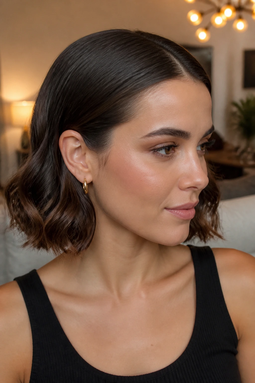 Portrait of a real woman with sleek crown and wavy ends