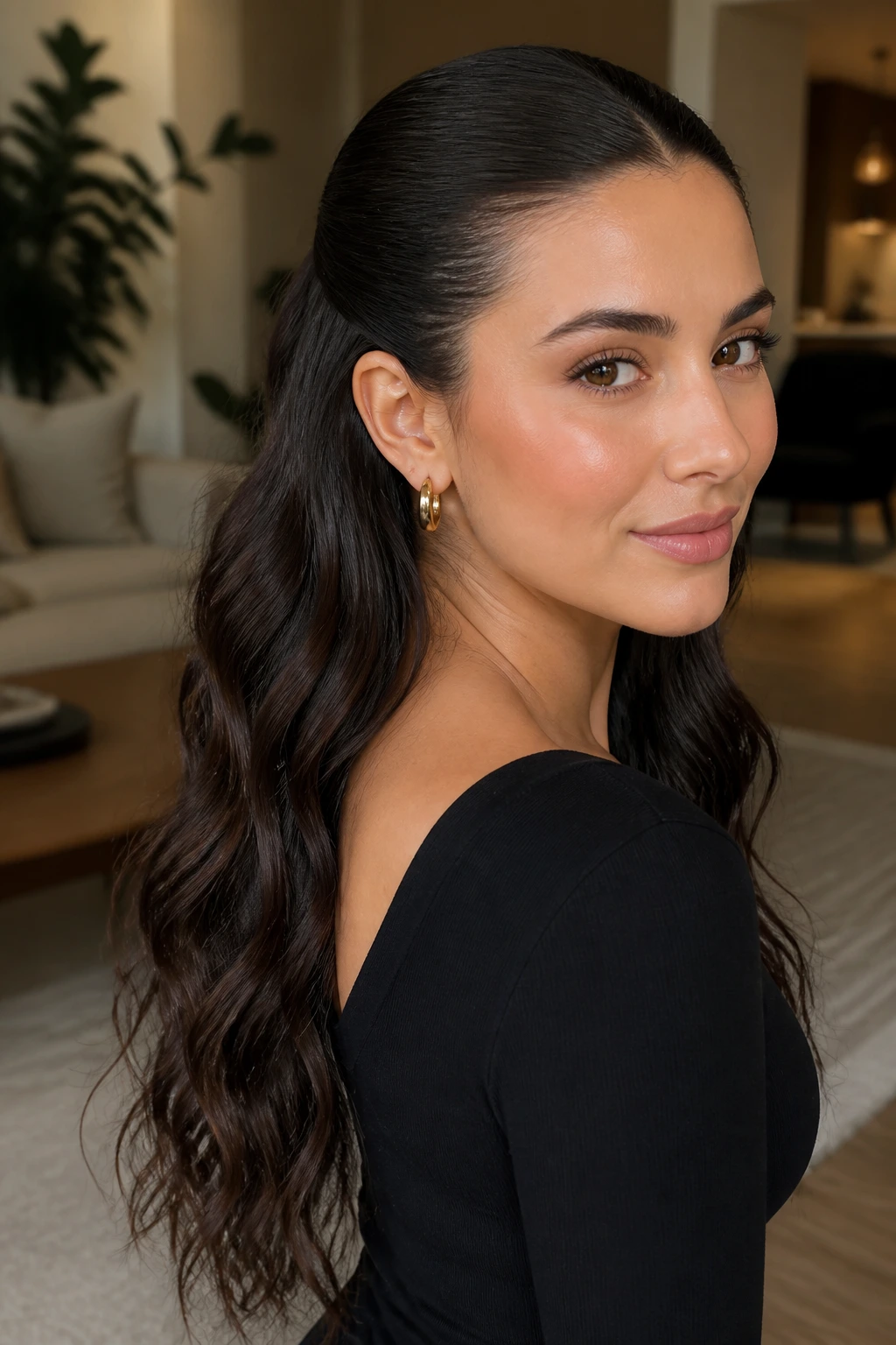 Close-up of a woman with a sleek crown and loose-length waves in warm indoor light