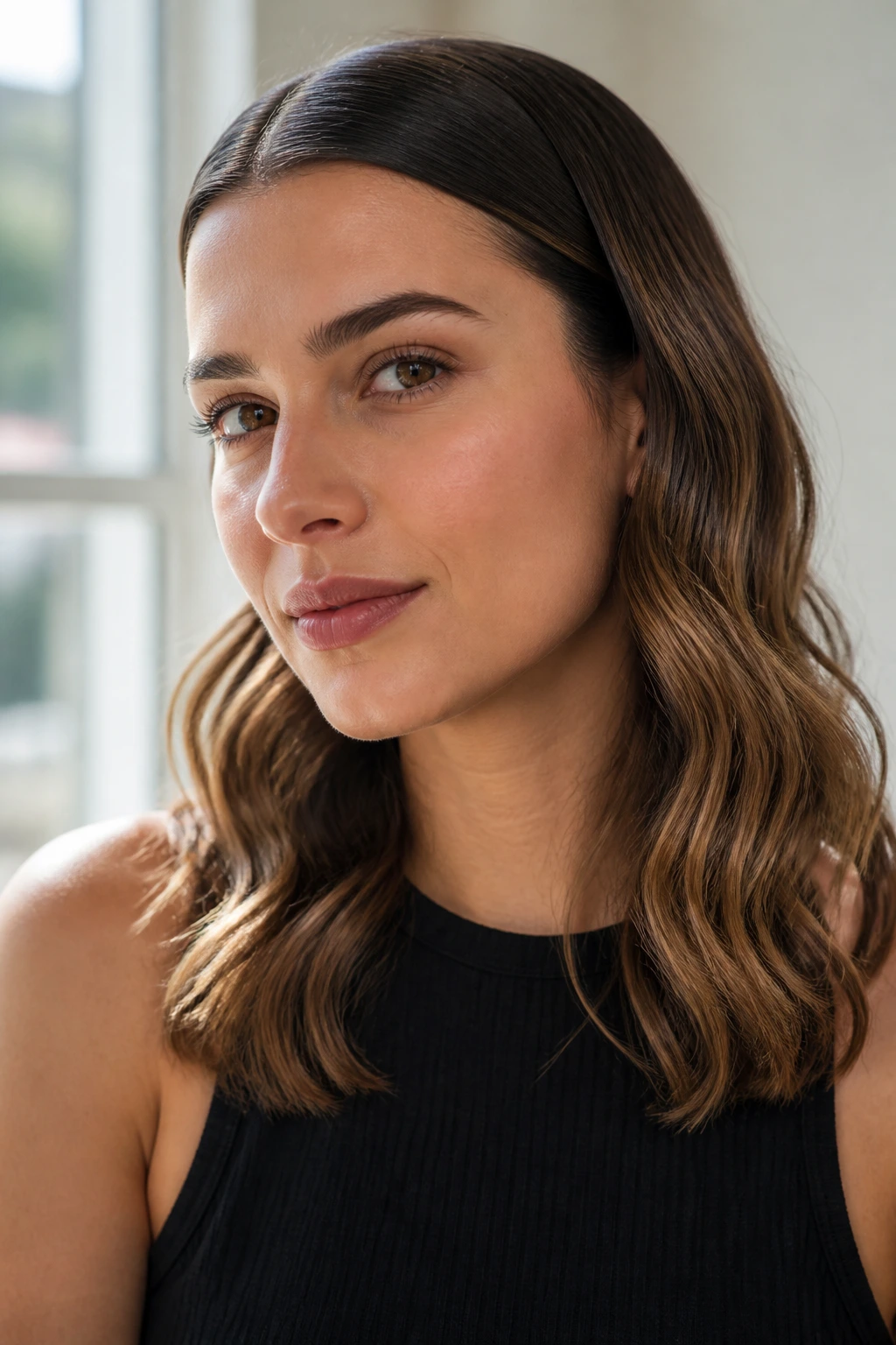 Portrait of a real woman with a sleek crown and wavy ends on shoulder-length hair