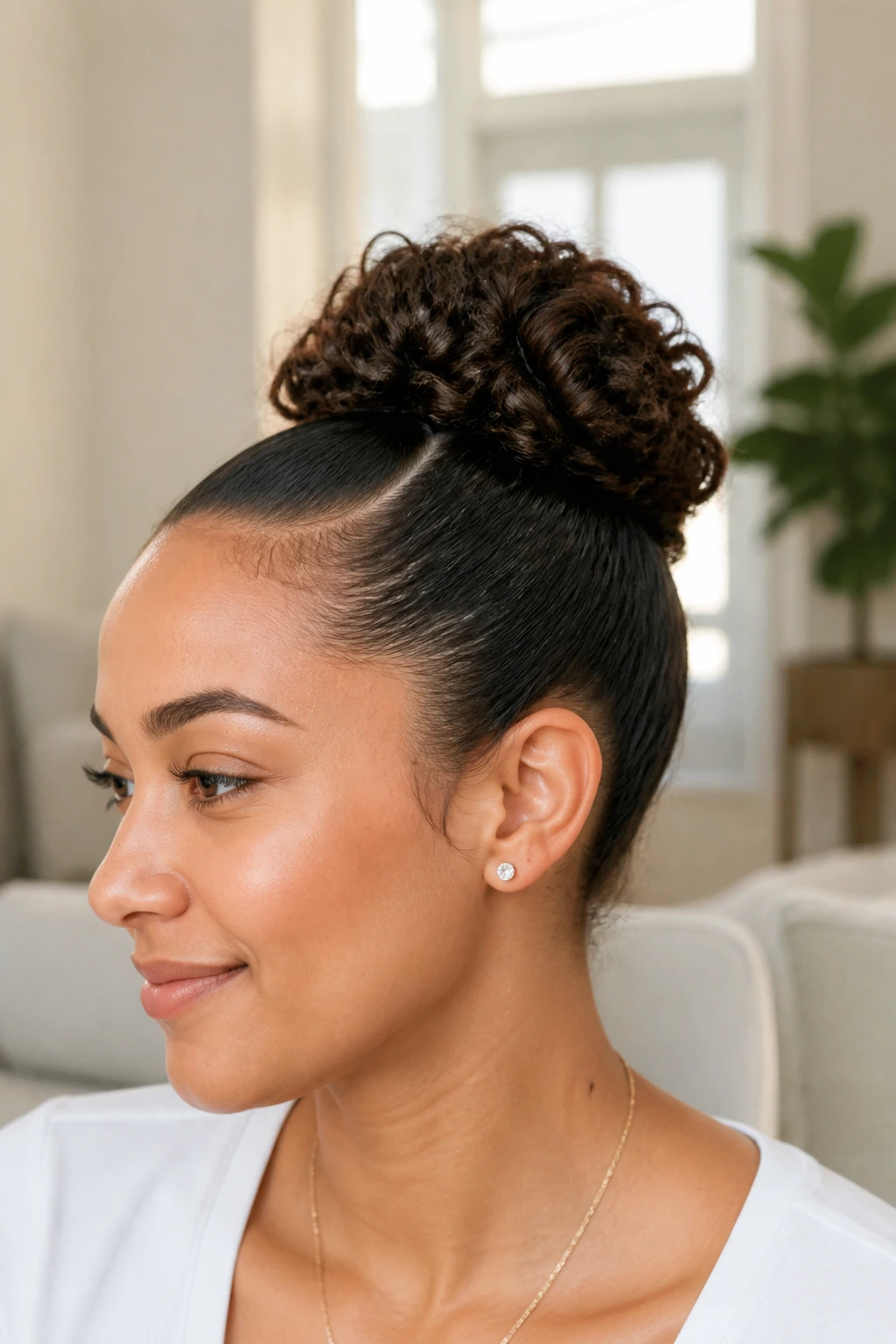 Close-up portrait of a real woman with a sleek curly bun showing smooth top and textured curls