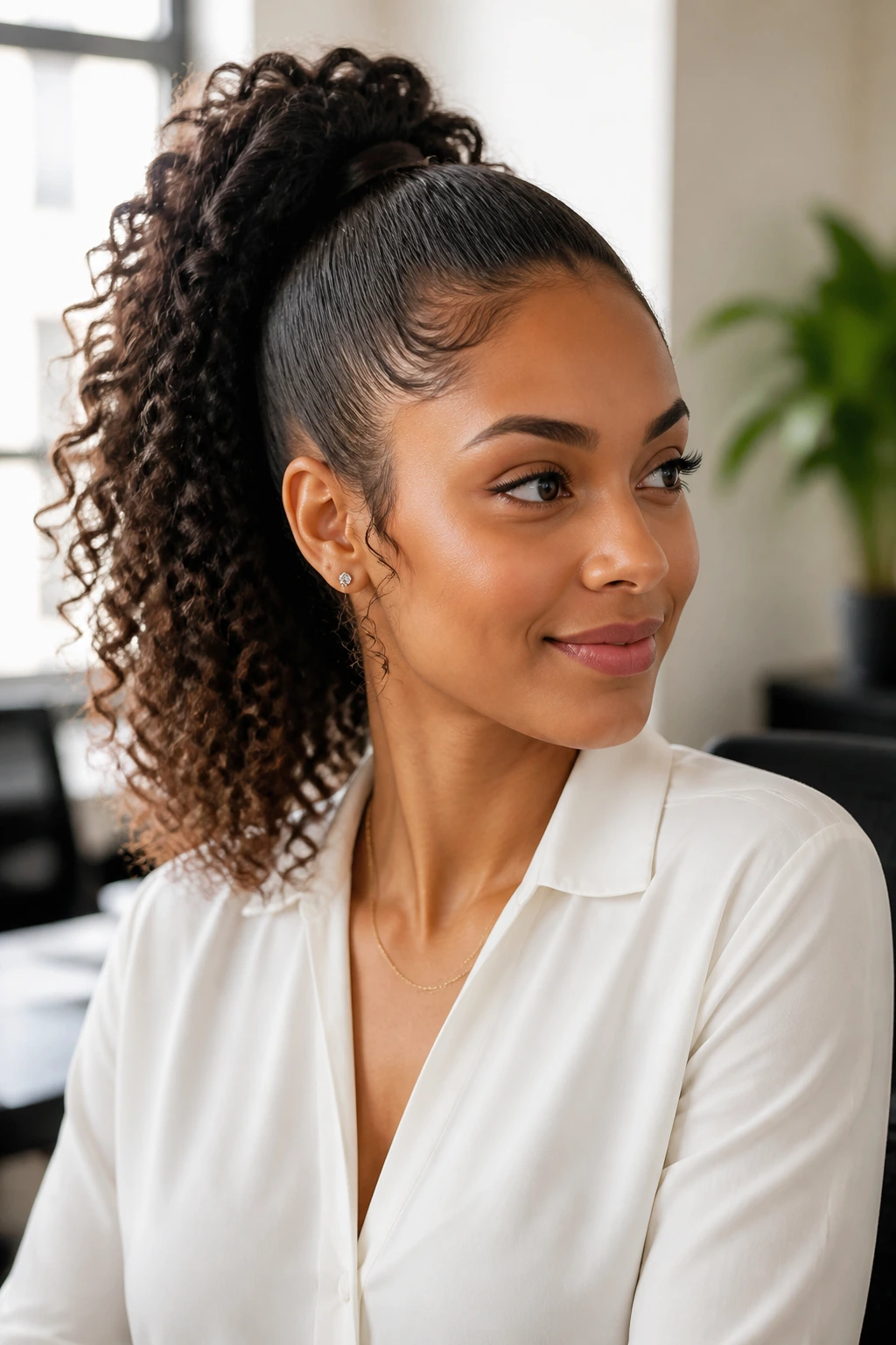 Close-up of woman with a sleek curly ponytail and voluminous ends.