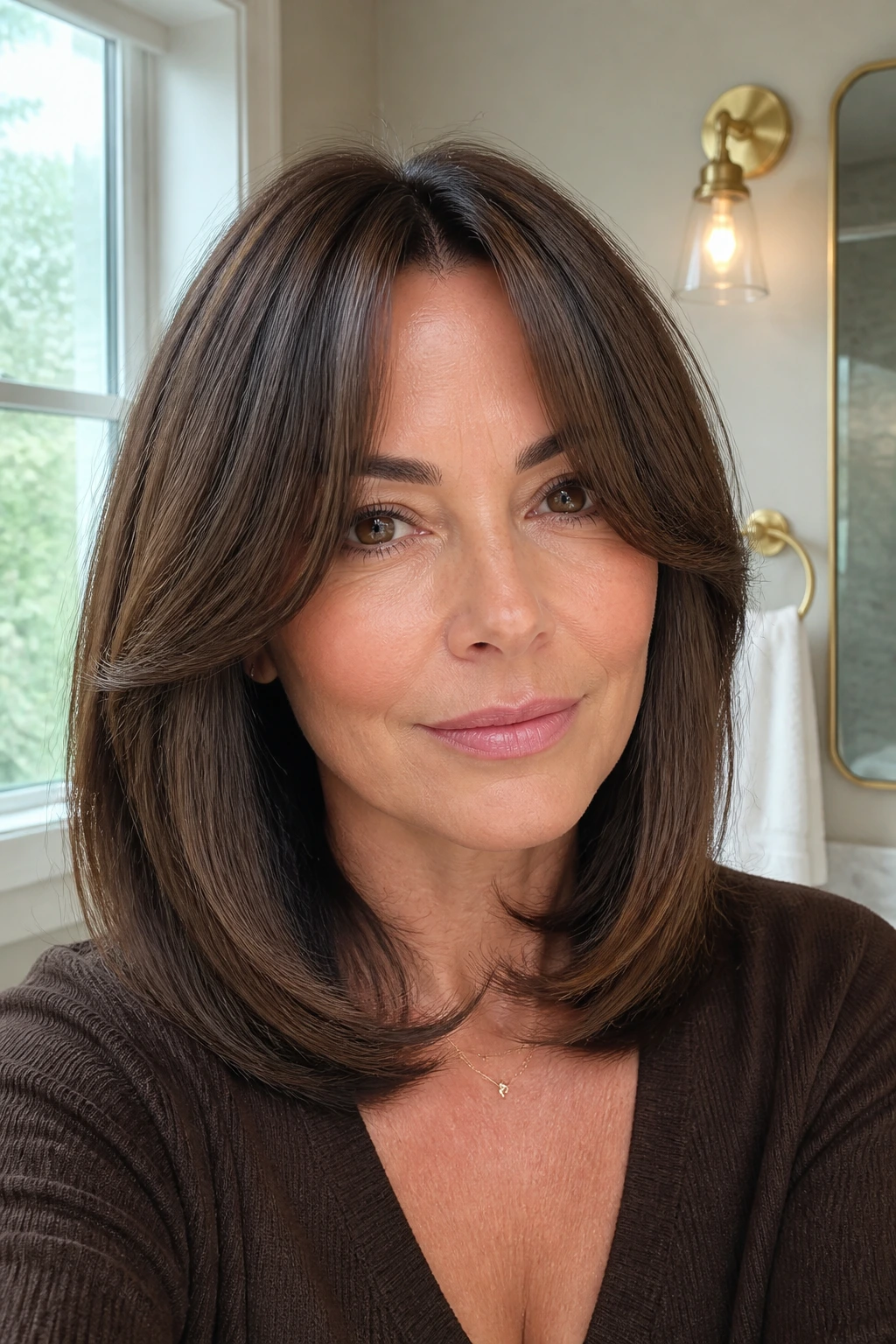 Close-up portrait of a woman with sleek blowout curtain bangs and lifted roots