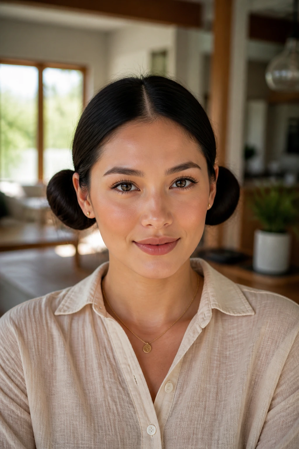 Close-up portrait of a real woman with sleek double buns.