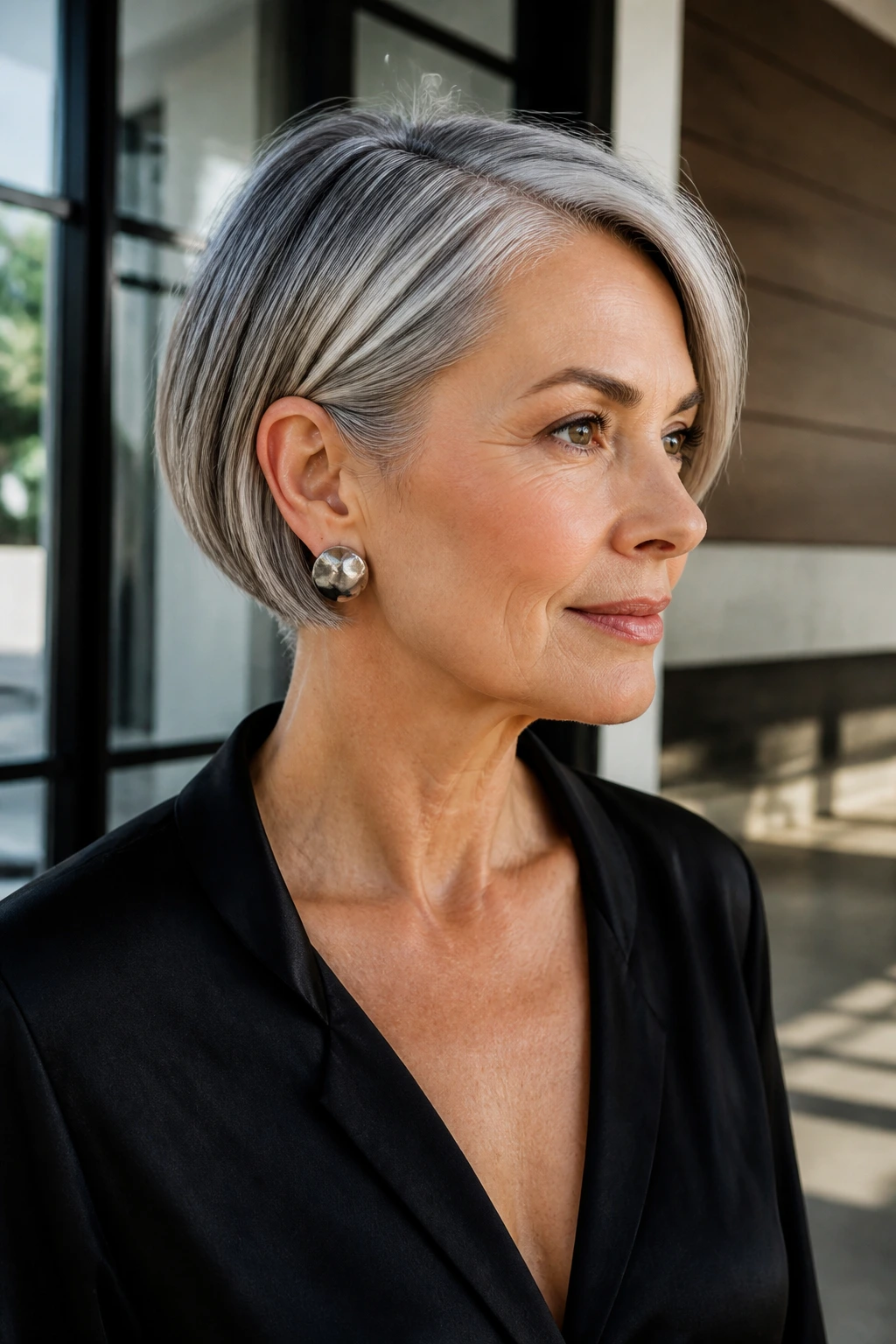 Portrait of a real woman with an ear-length sleek bob and metallic silver veil in a modern interior