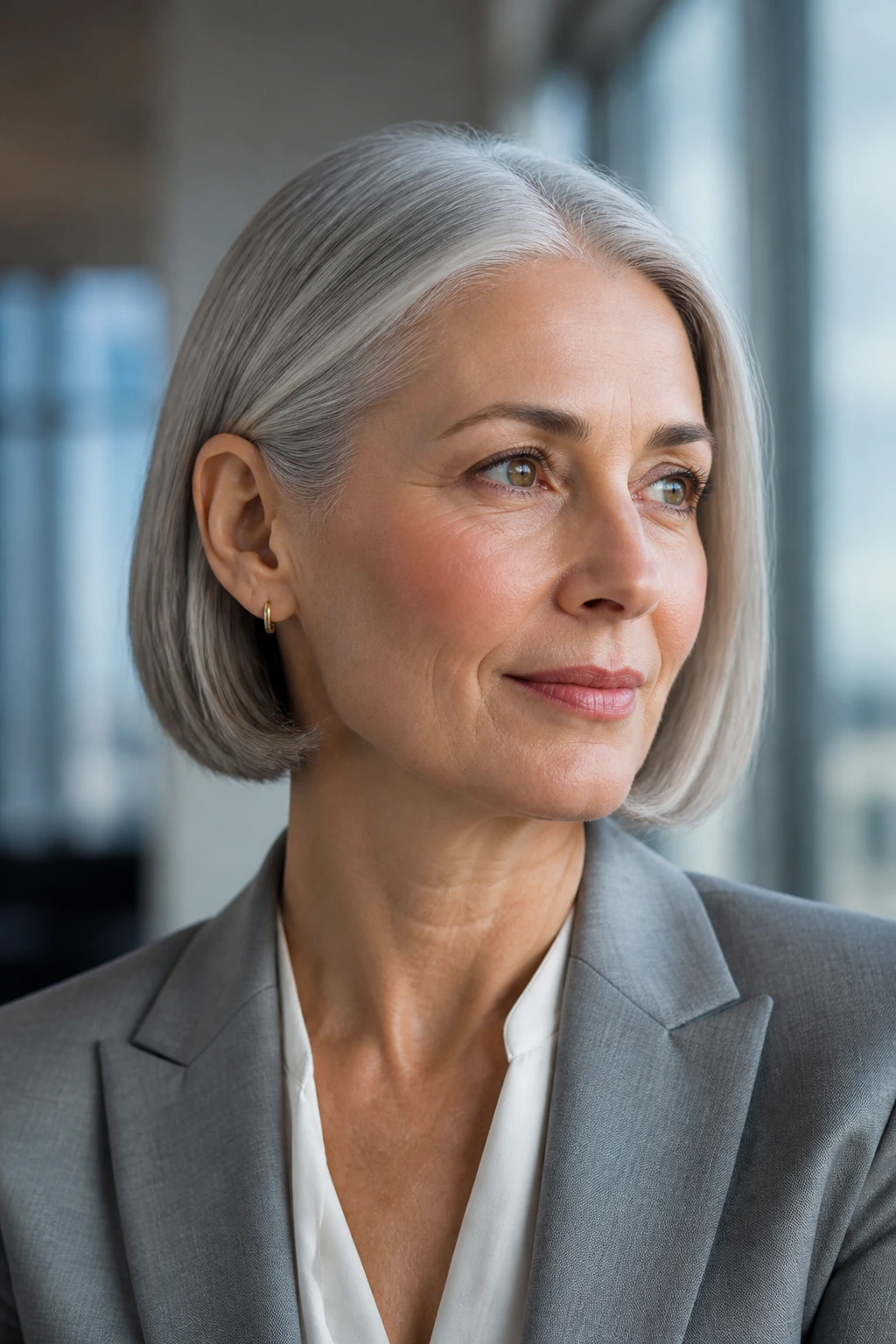 Portrait of a real woman with a Sleek Ear-Tucked Bob, silver hair tucked behind the ear