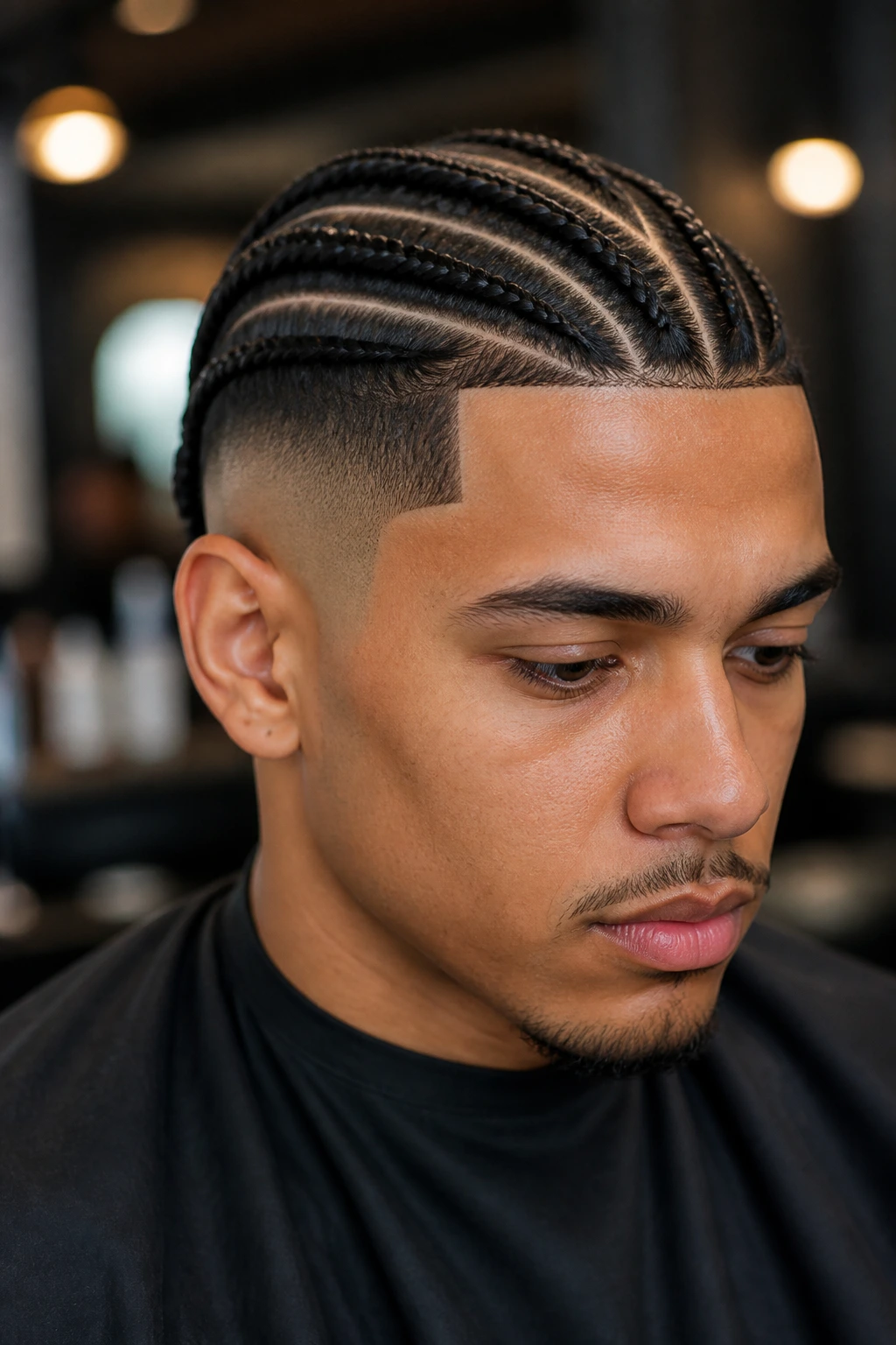 Real person with sleek edge braids and finished fade in a stylish salon