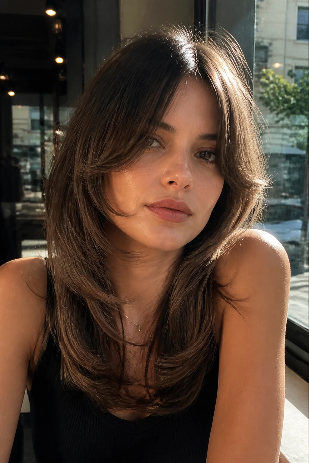 Close-up of a woman with sleek feathered shag in cafe light