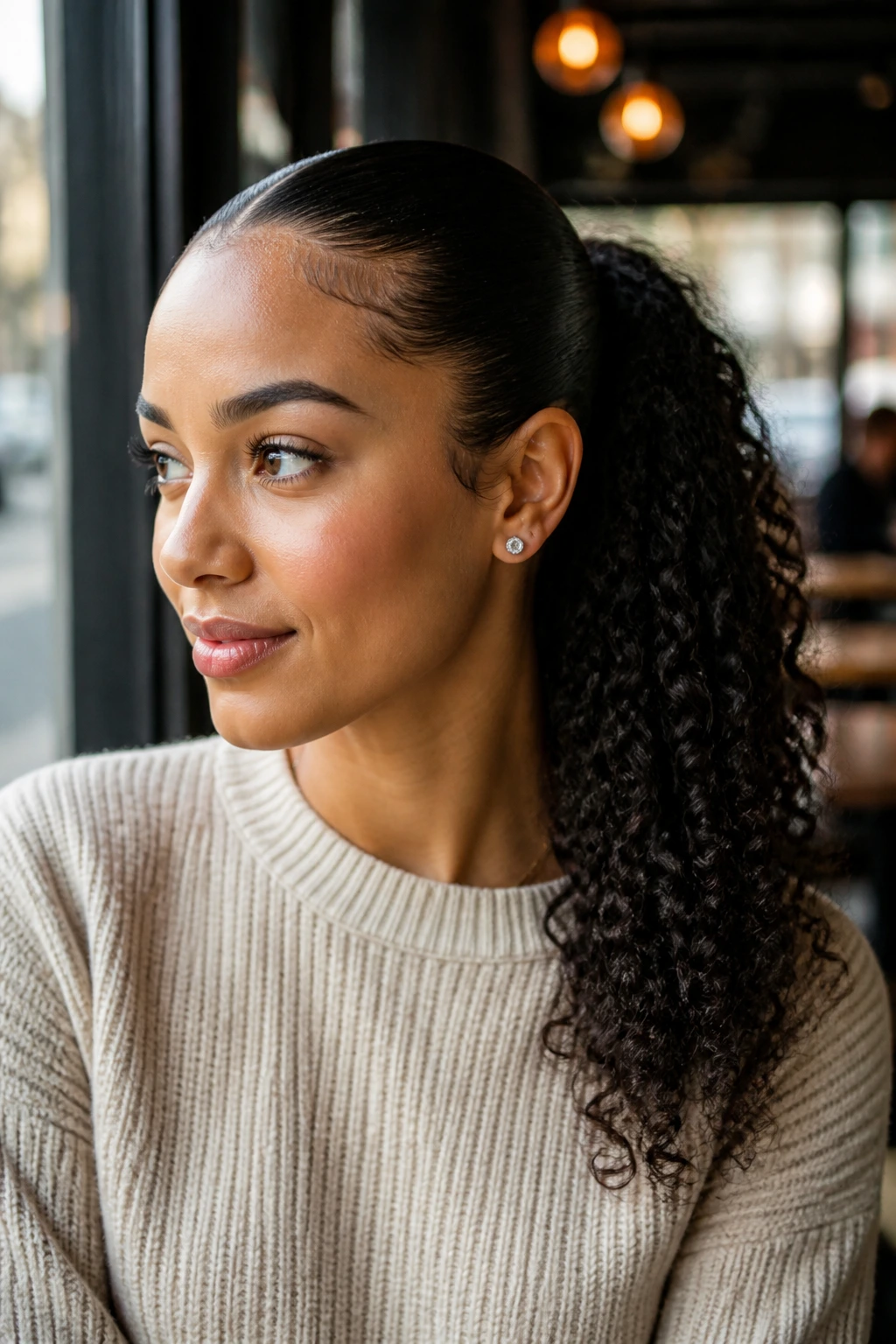 Close-up of a real person with a sleek front and curly-length ponytail