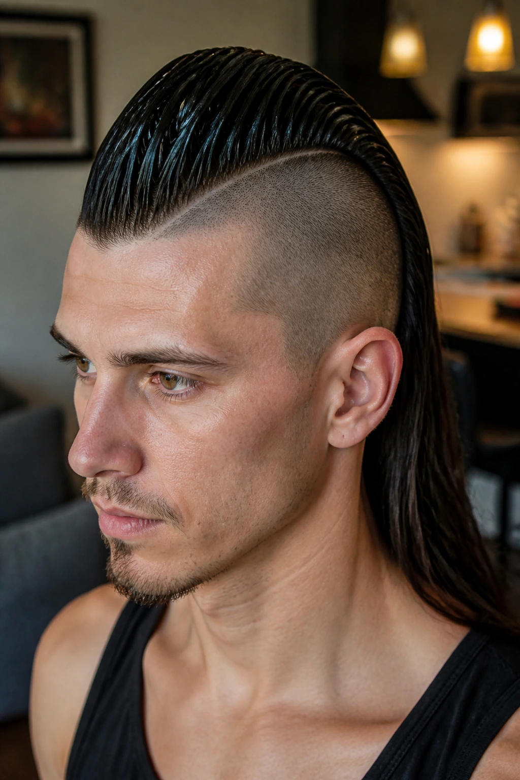 Portrait of a real person with a sleek glossy gel mohawk and sharp shine.