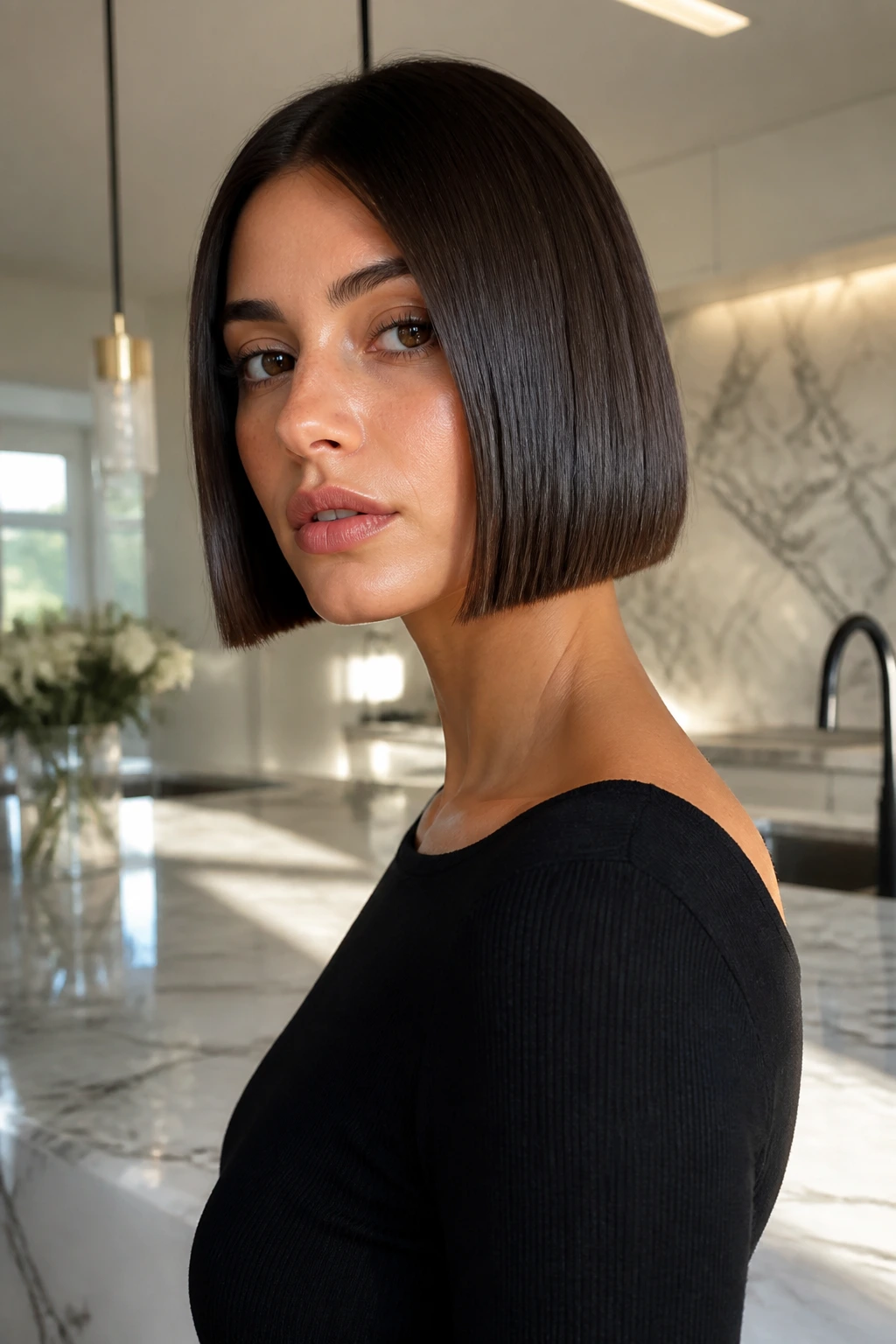 Close-up portrait of real woman with sleek glass bob in modern kitchen.