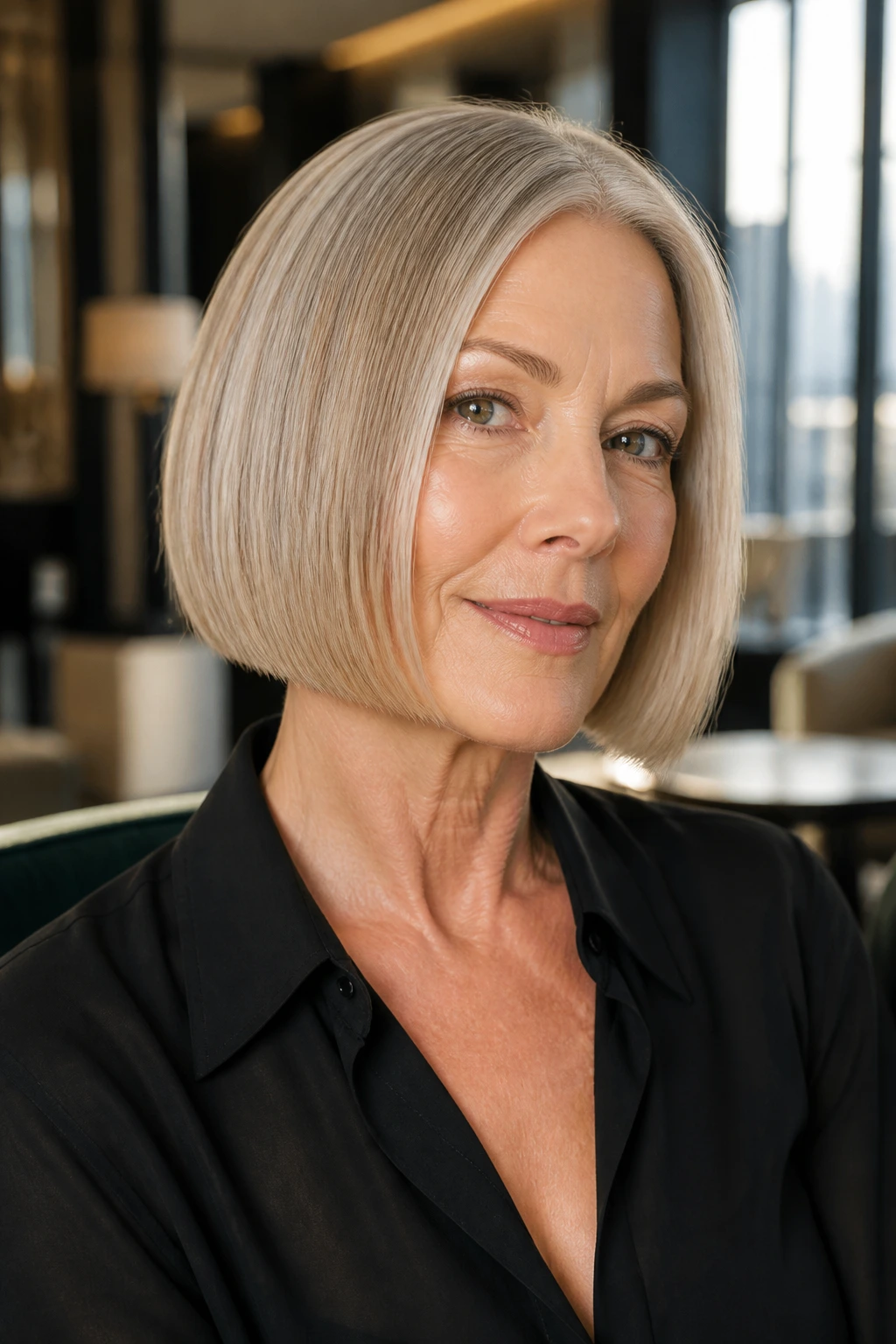 Real woman with a sleek glass bob showing glossy, crisp perimeter.
