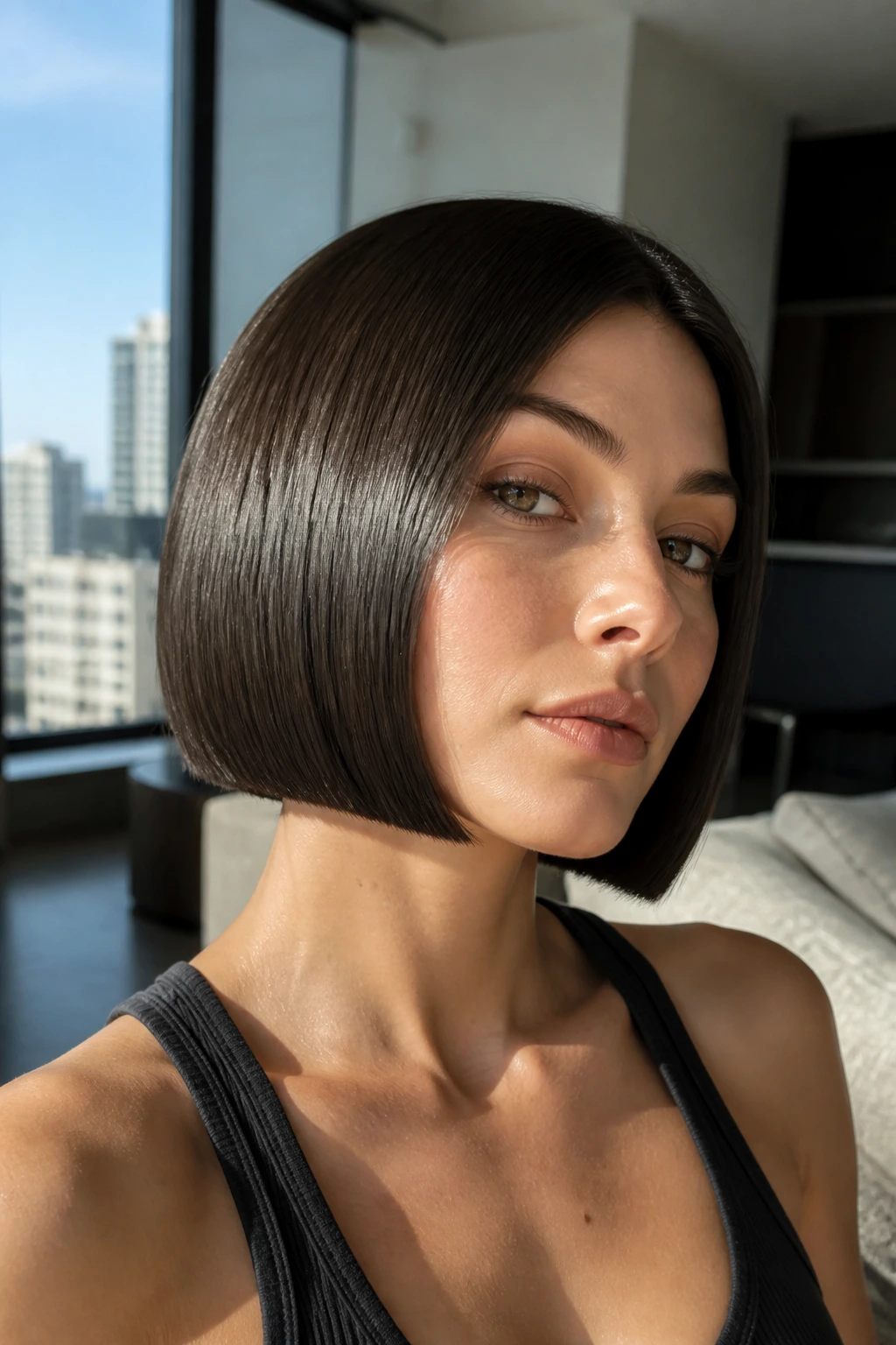 Close-up portrait of a real woman with a sleek glass bob and shiny finish