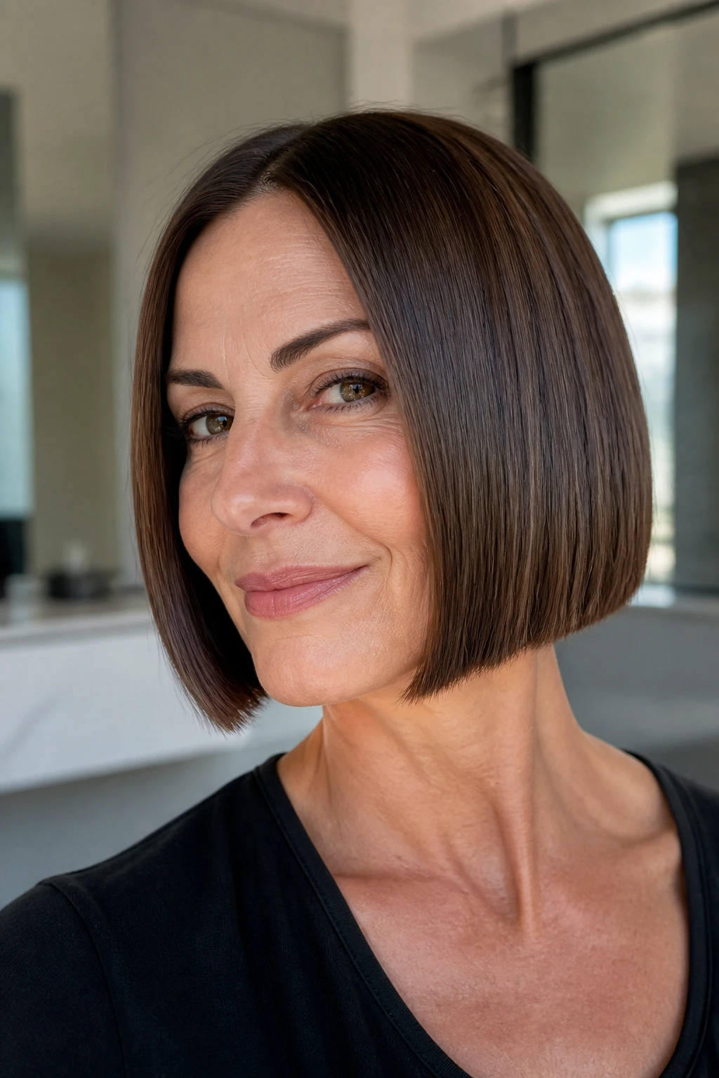 Real woman with sleek, glassy blunt bob and high shine