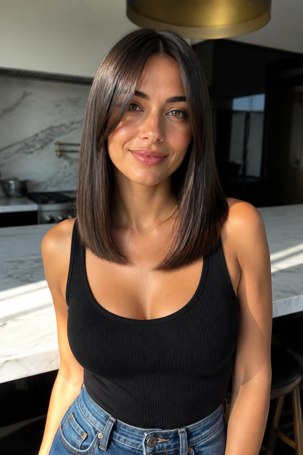 Portrait of woman with glossy straight shoulder-length hair and center part in a sunlit kitchen