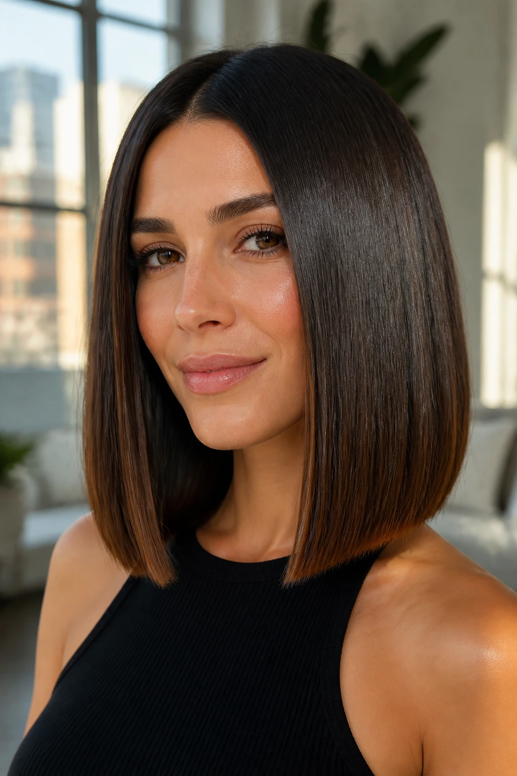 Real woman with sleek glass lob and crisp blunt ends