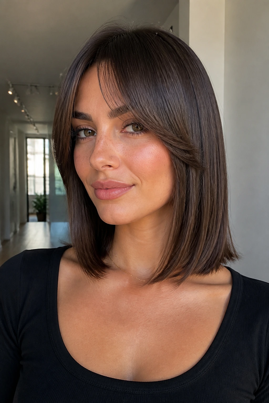 Close-up of a real woman with a sleek glass lob and long arched bangs