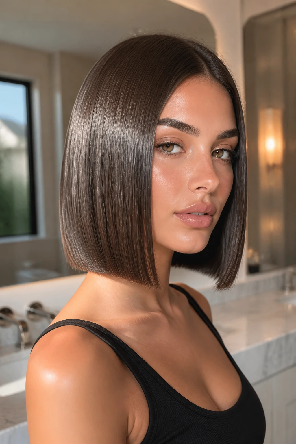 Close-up of a real woman with a jaw-length Sleek Glass Lob, glossy blunt cut reflecting light