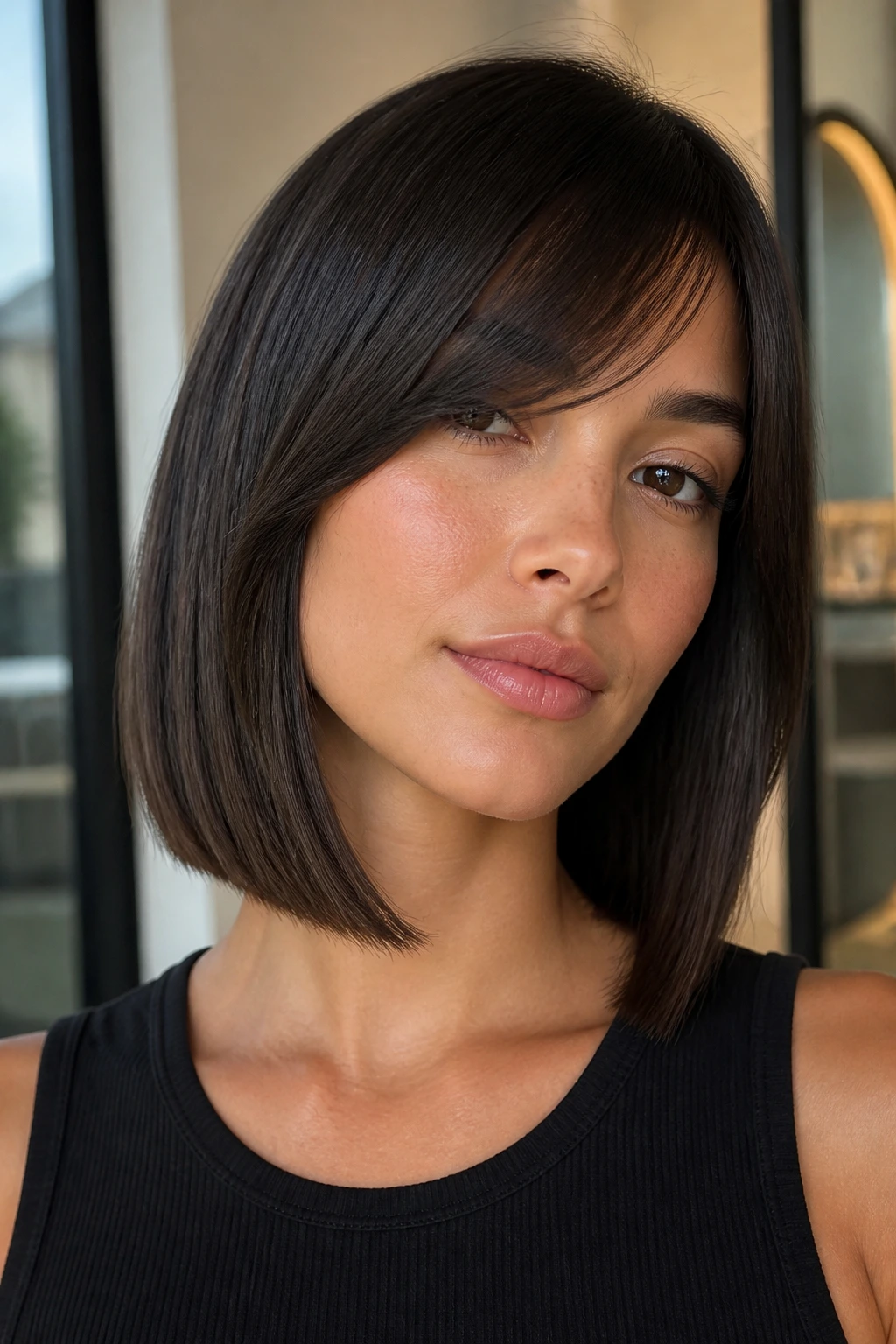 Portrait of a person with sleek glass lob and curved side bangs in a bright modern space