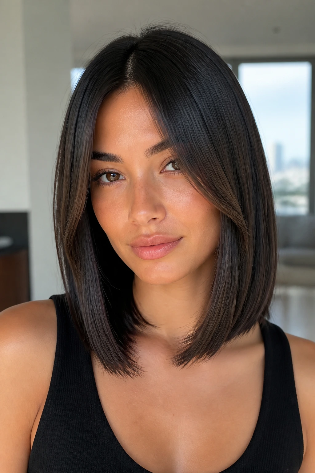 Close-up of a real person with a sleek glassy lob and jaw-length face frames in bright daylight