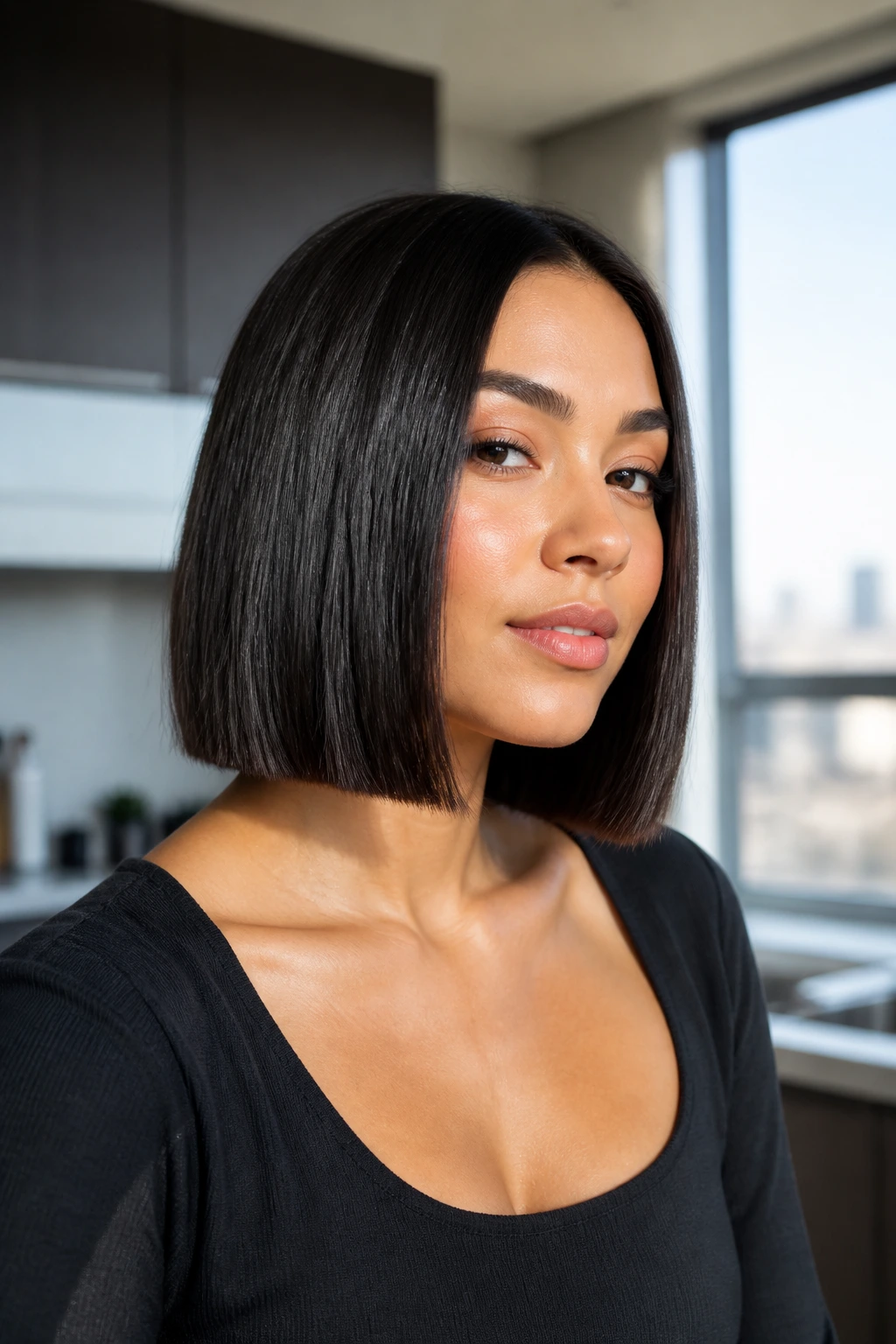 Close-up portrait of a real person with sleek glass lob hairstyle.