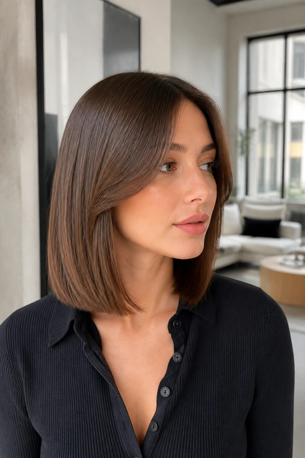 Portrait of a real person with a sleek glass lob and middle-part curtain bangs in bright daylight