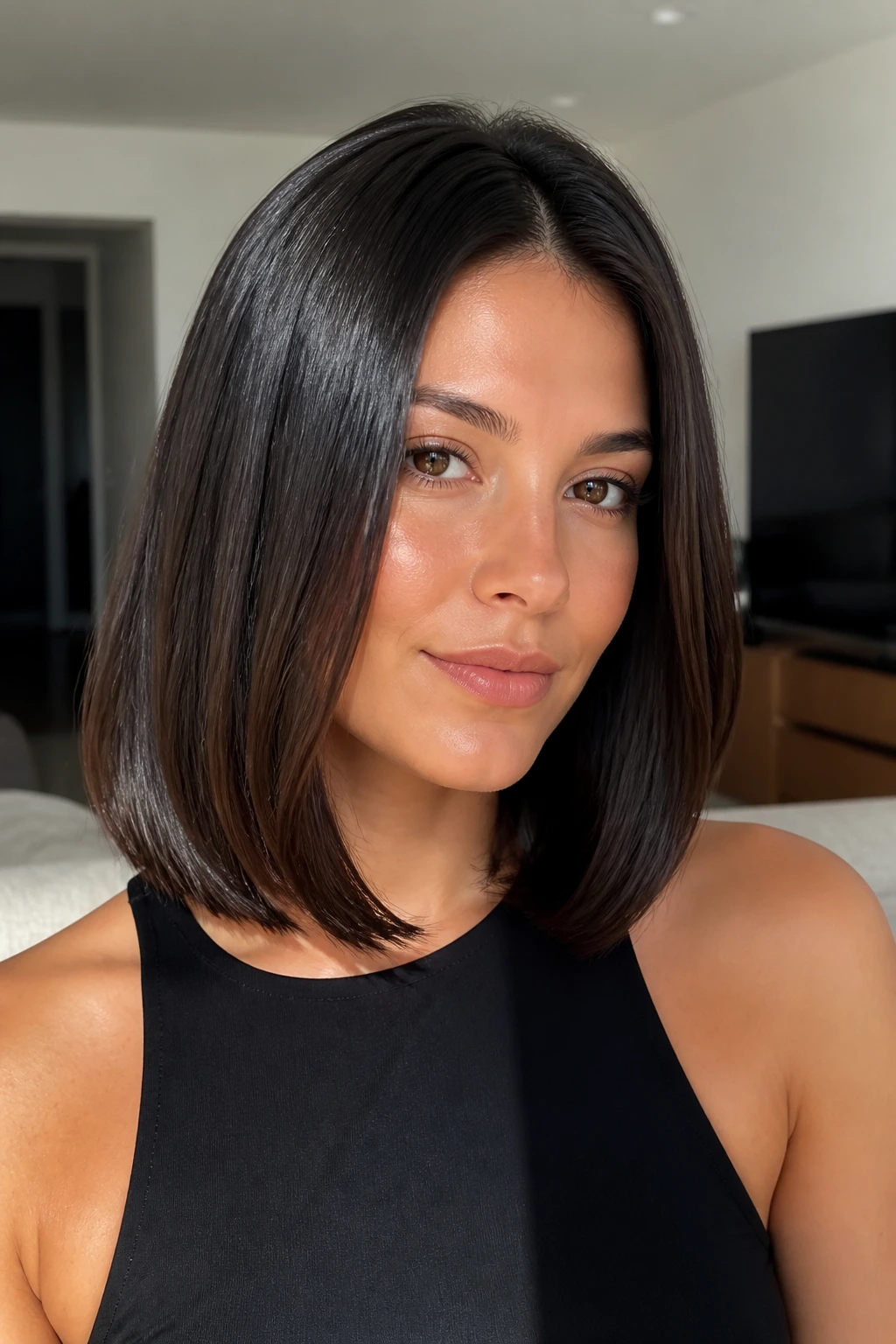 Close-up of a real woman with a sleek glossy lob and center part