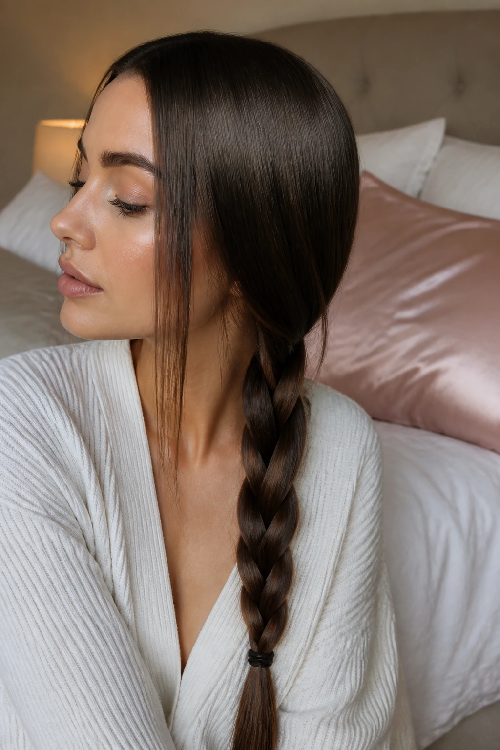 Portrait of a person with long straight hair in a loose low braid for overnight protection.